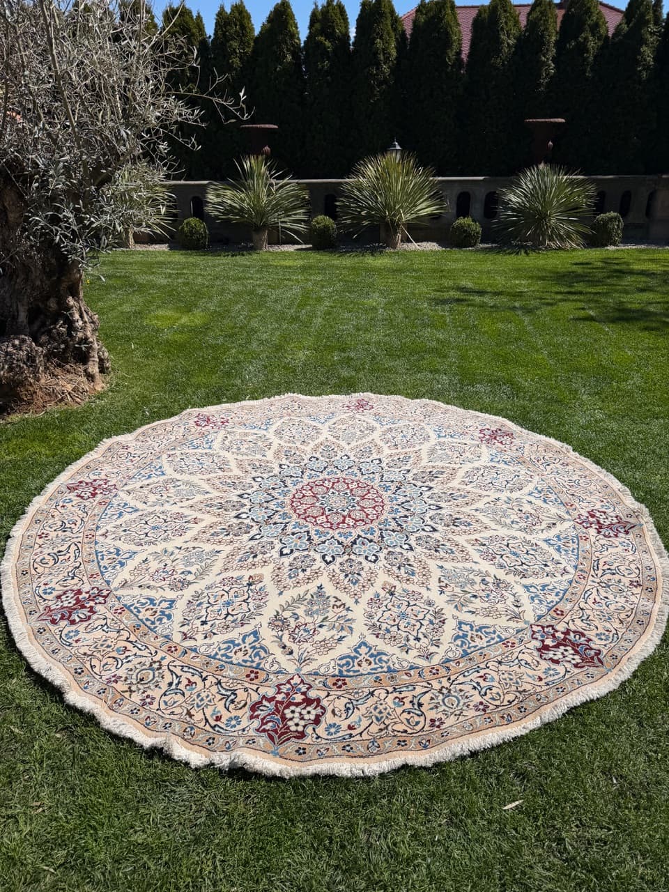 Round Rug Nain 260x260 cm, beige multicolor, cashmere wool, silk, Iran - 308665