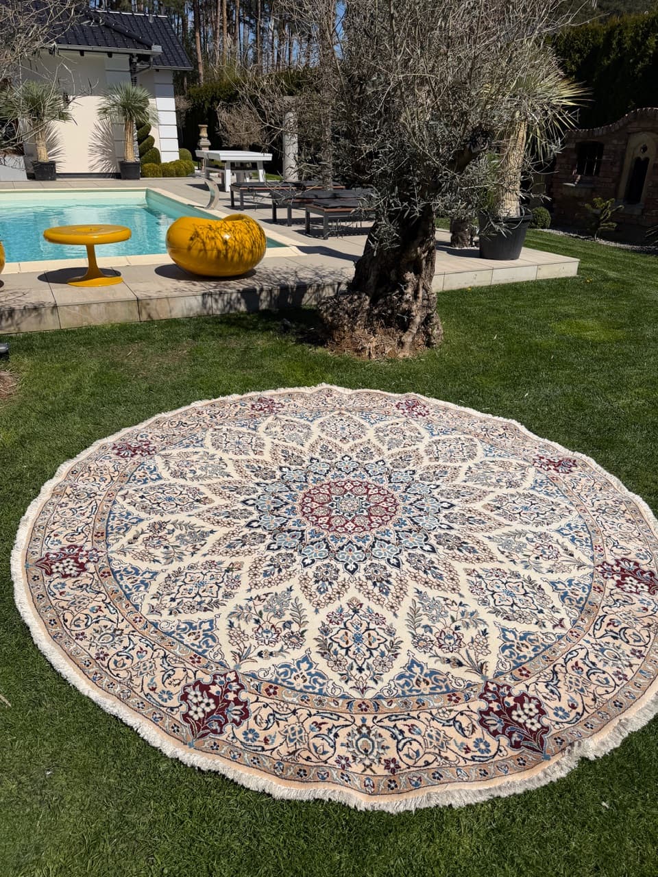 Round Rug Nain 260x260 cm, beige multicolor, cashmere wool, silk, Iran - 308669