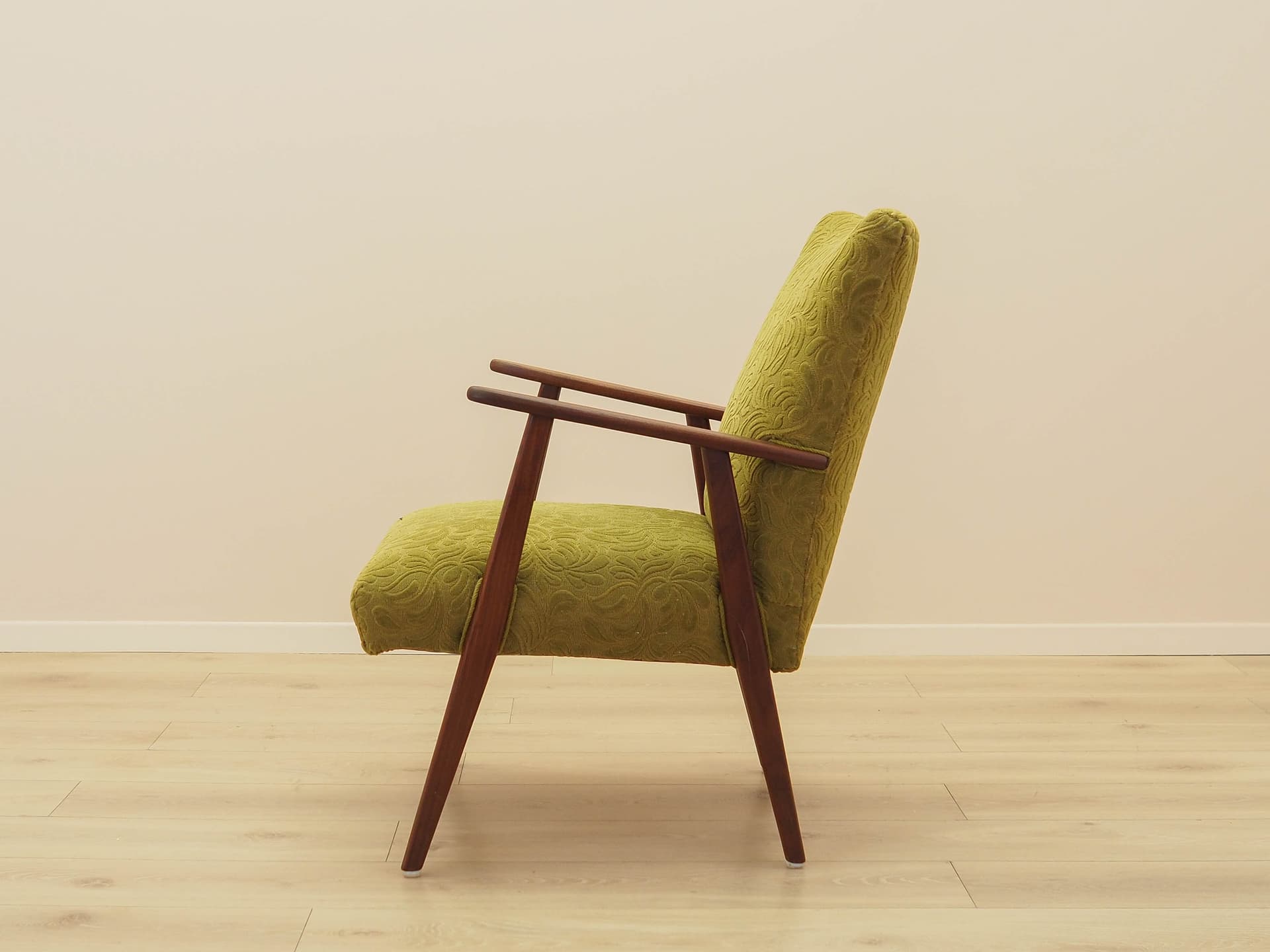 Fotel wypoczynkowy, oliwkowa zieleń, tkanina, teak, Dania, lata 60. - 308699