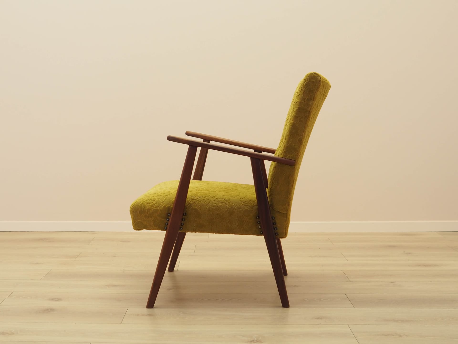Fotel, musztardowy żółty, tkanina, teak, Dania, lata 60. - 308727