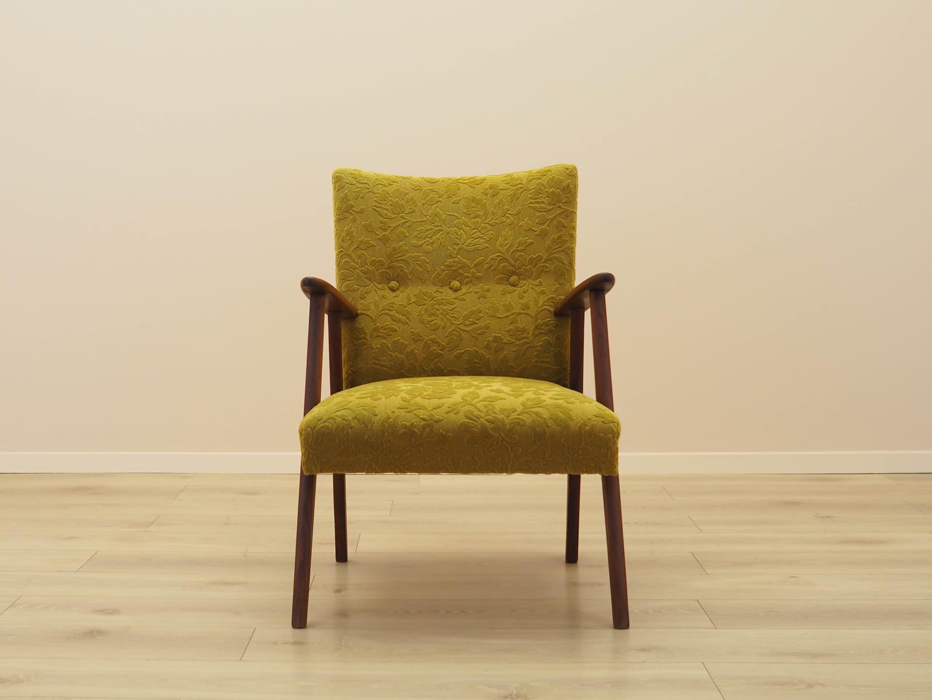 Fotel, musztardowy żółty, tkanina, teak, Dania, lata 60. - 308725