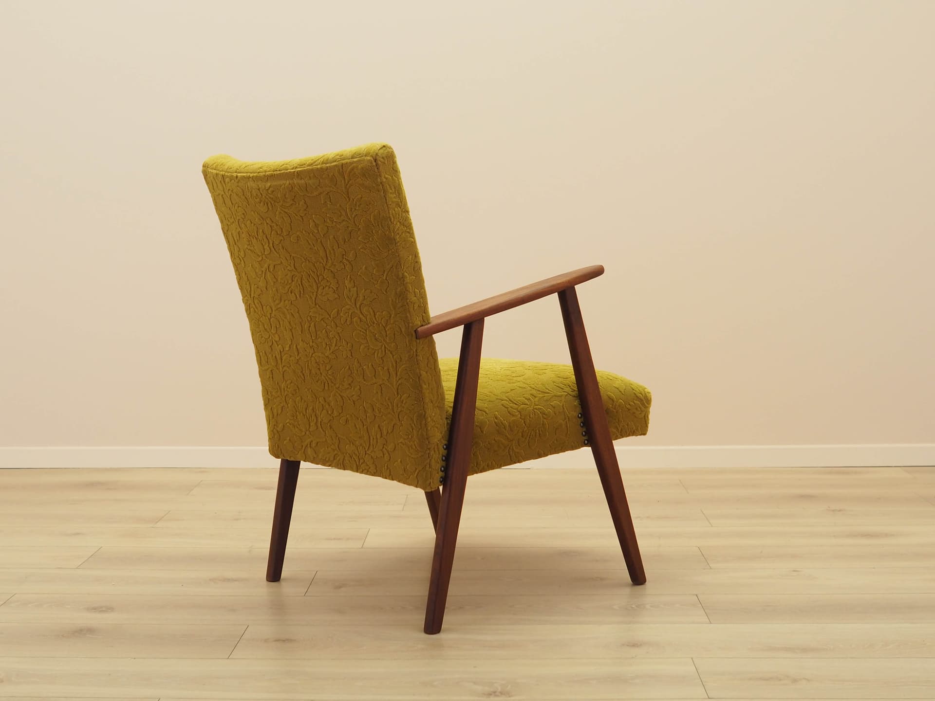 Fotel, musztardowy żółty, tkanina, teak, Dania, lata 60. - 308729