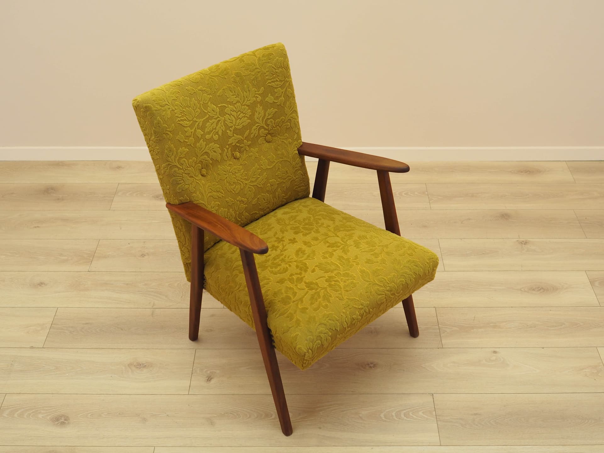 Fotel, musztardowy żółty, tkanina, teak, Dania, lata 60. - 308730