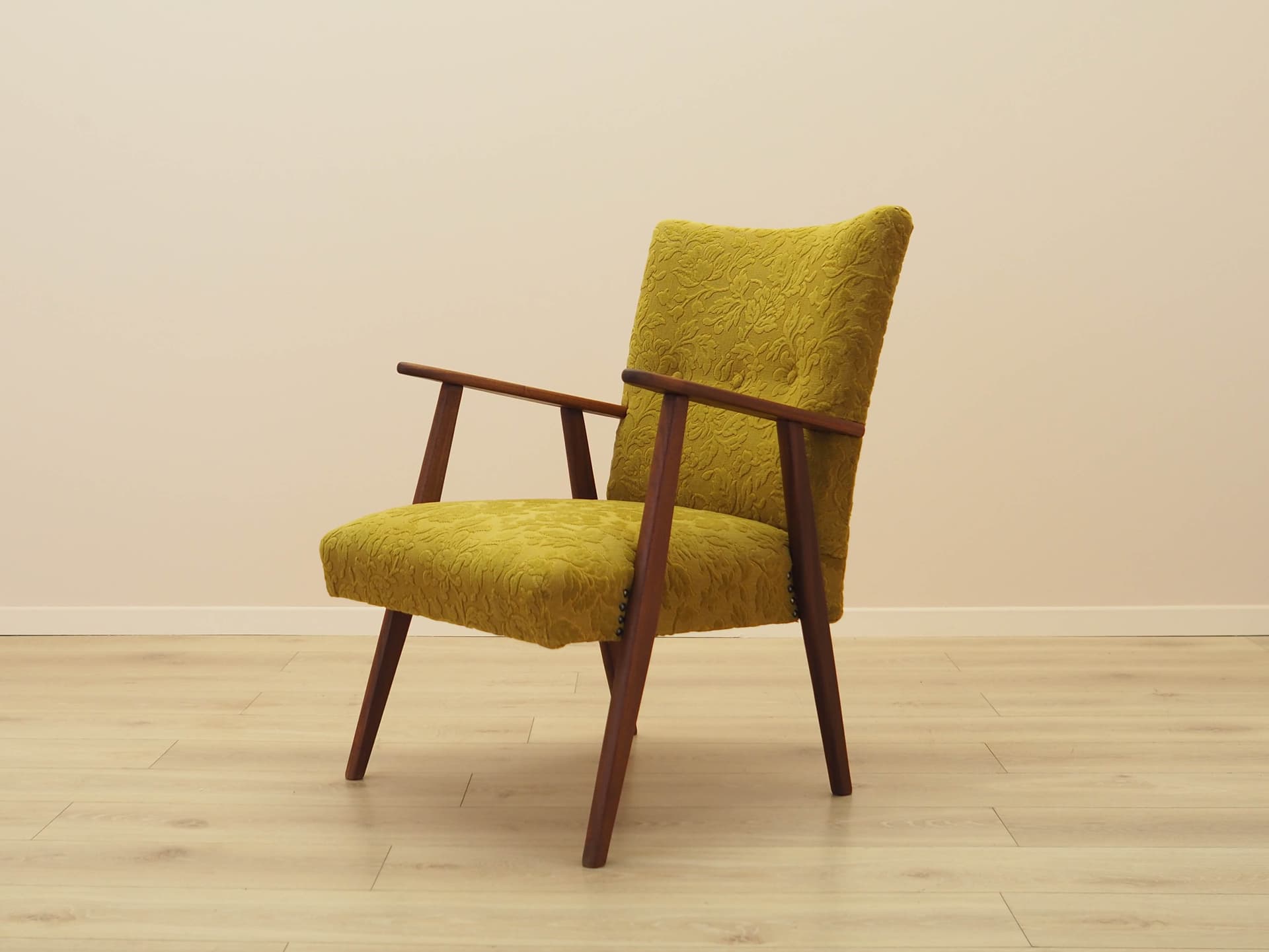 Fotel, musztardowy żółty, tkanina, teak, Dania, lata 60. - 308726