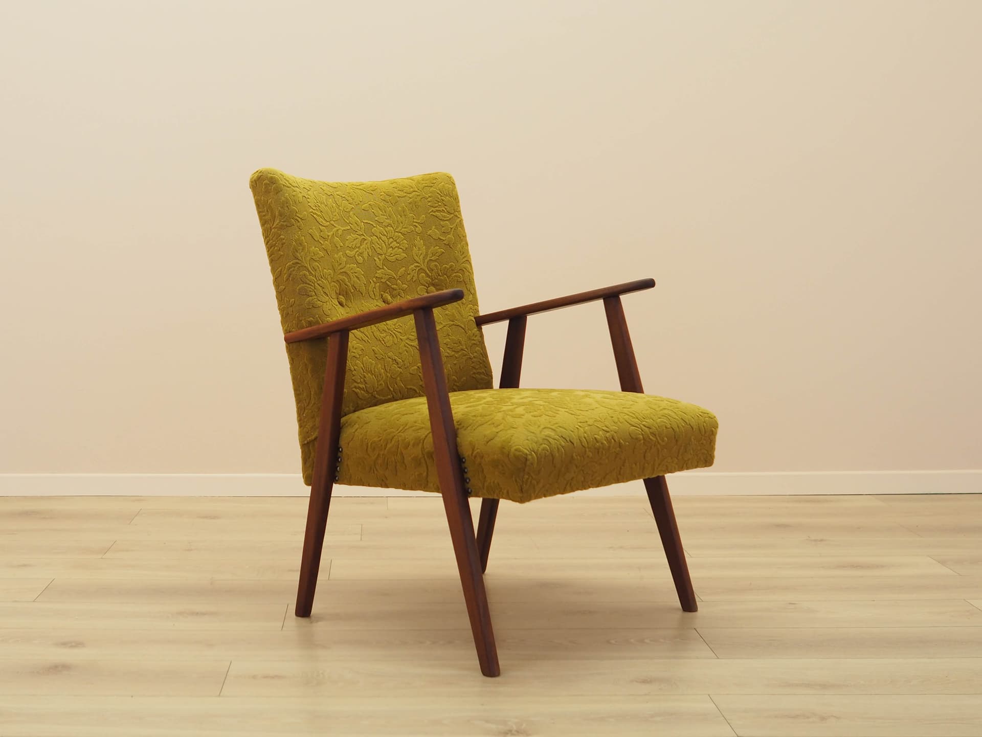 Fotel, musztardowy żółty, tkanina, teak, Dania, lata 60. - 308724