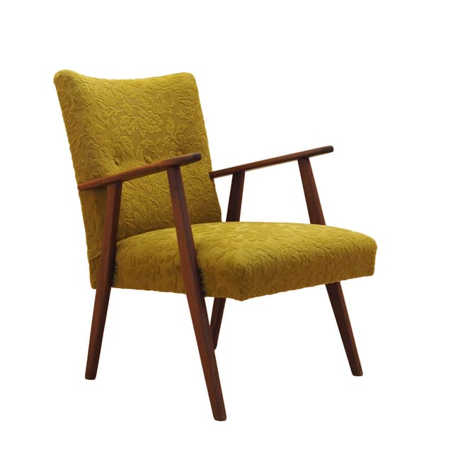 Fotel, musztardowy żółty, tkanina, teak, Dania, lata 60. - WYMIARY