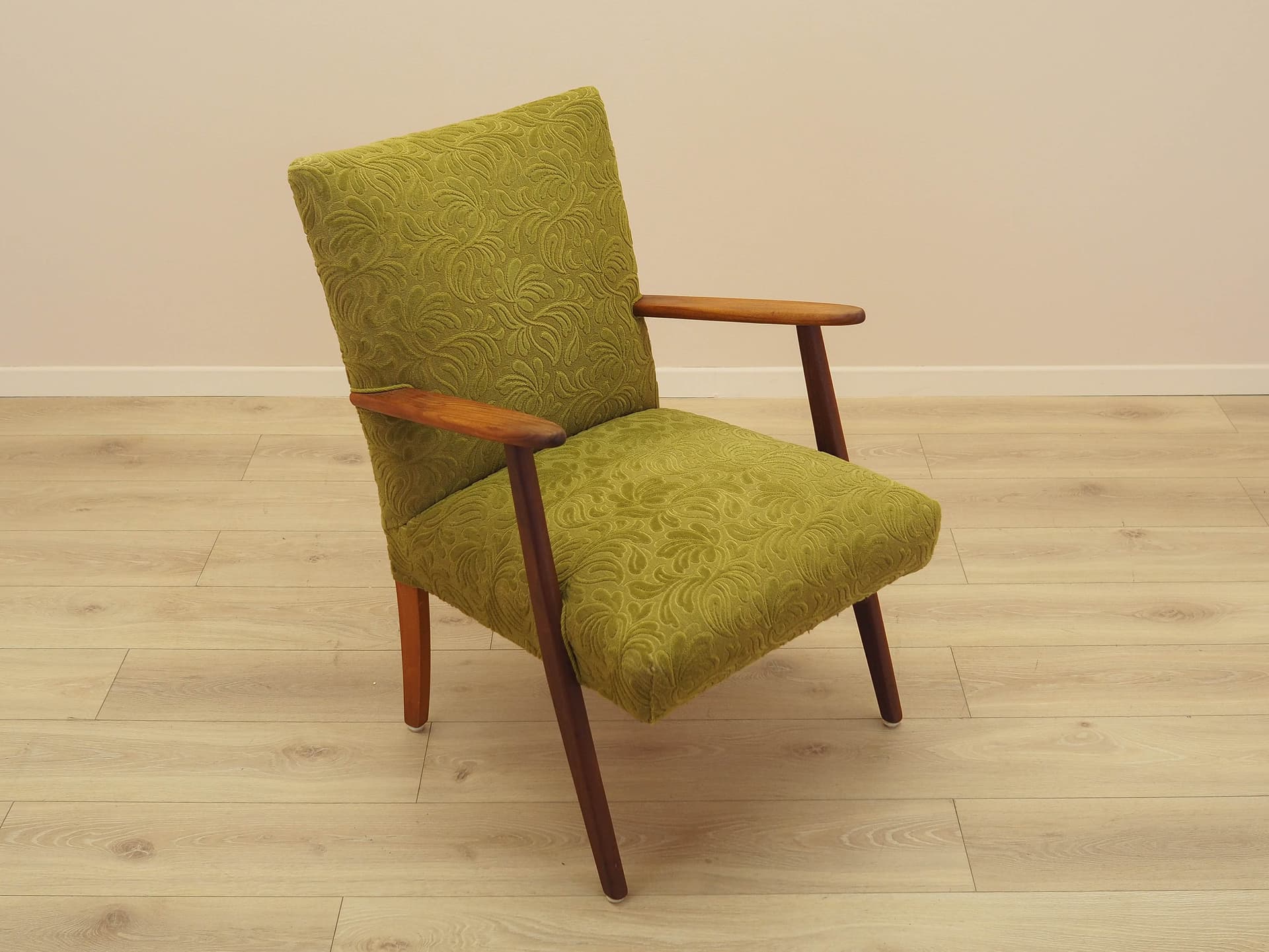Fotel, oliwkowa zieleń, tkanina, teak, Dania, lata 60. - 308782