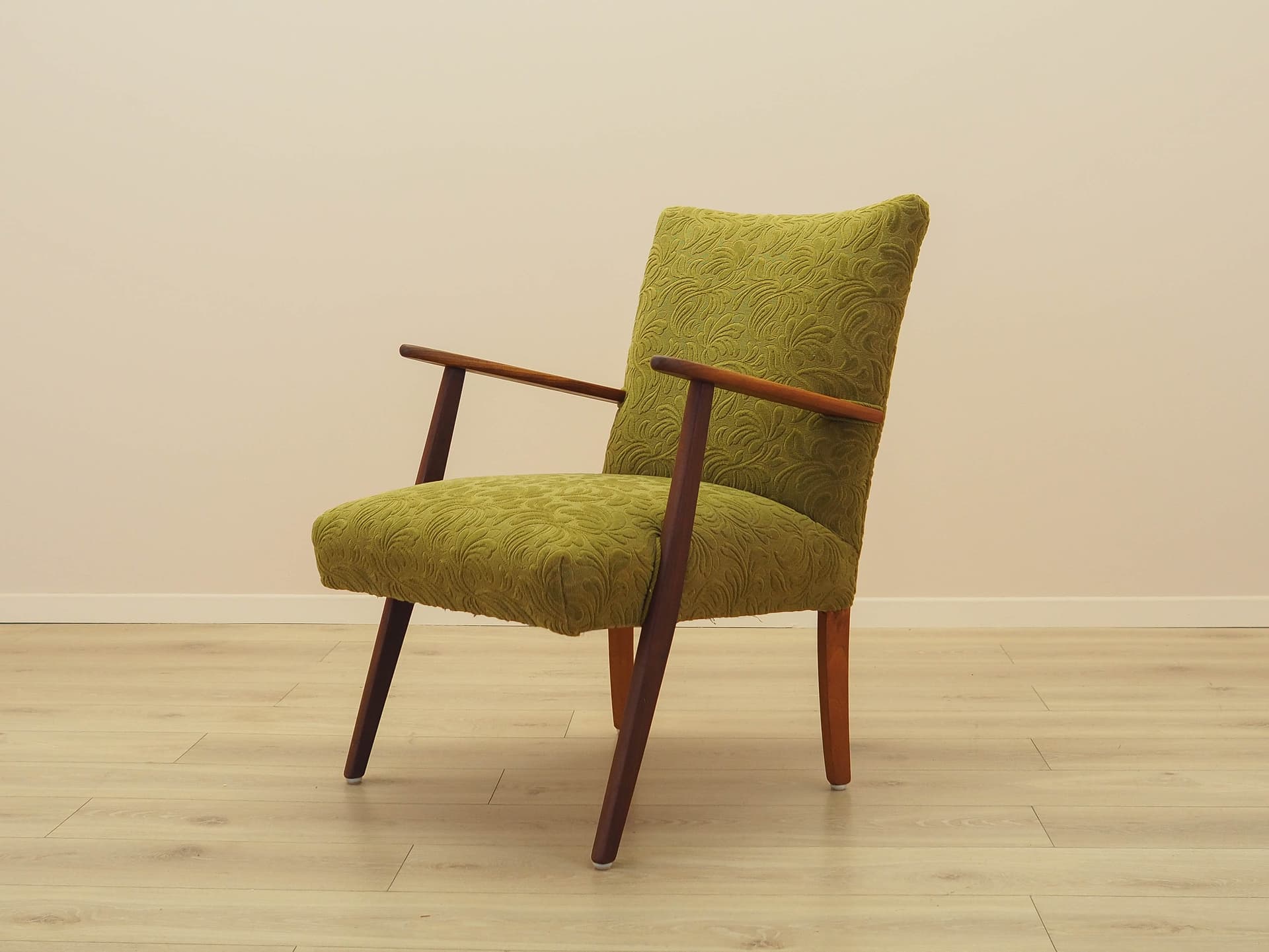 Fotel, oliwkowa zieleń, tkanina, teak, Dania, lata 60. - 308776