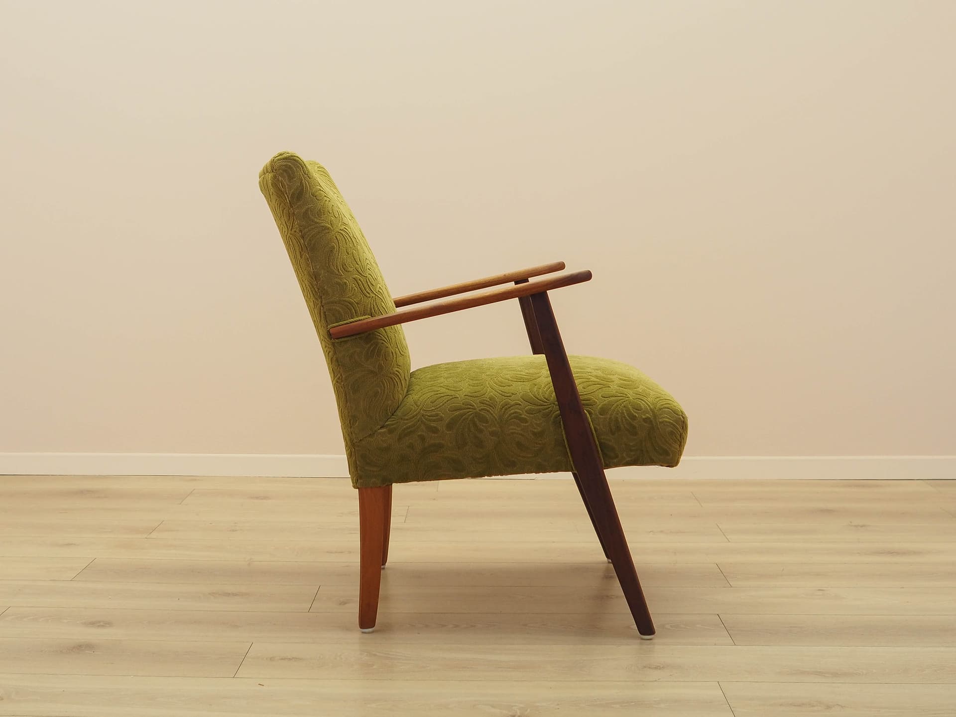 Fotel, oliwkowa zieleń, tkanina, teak, Dania, lata 60. - 308780