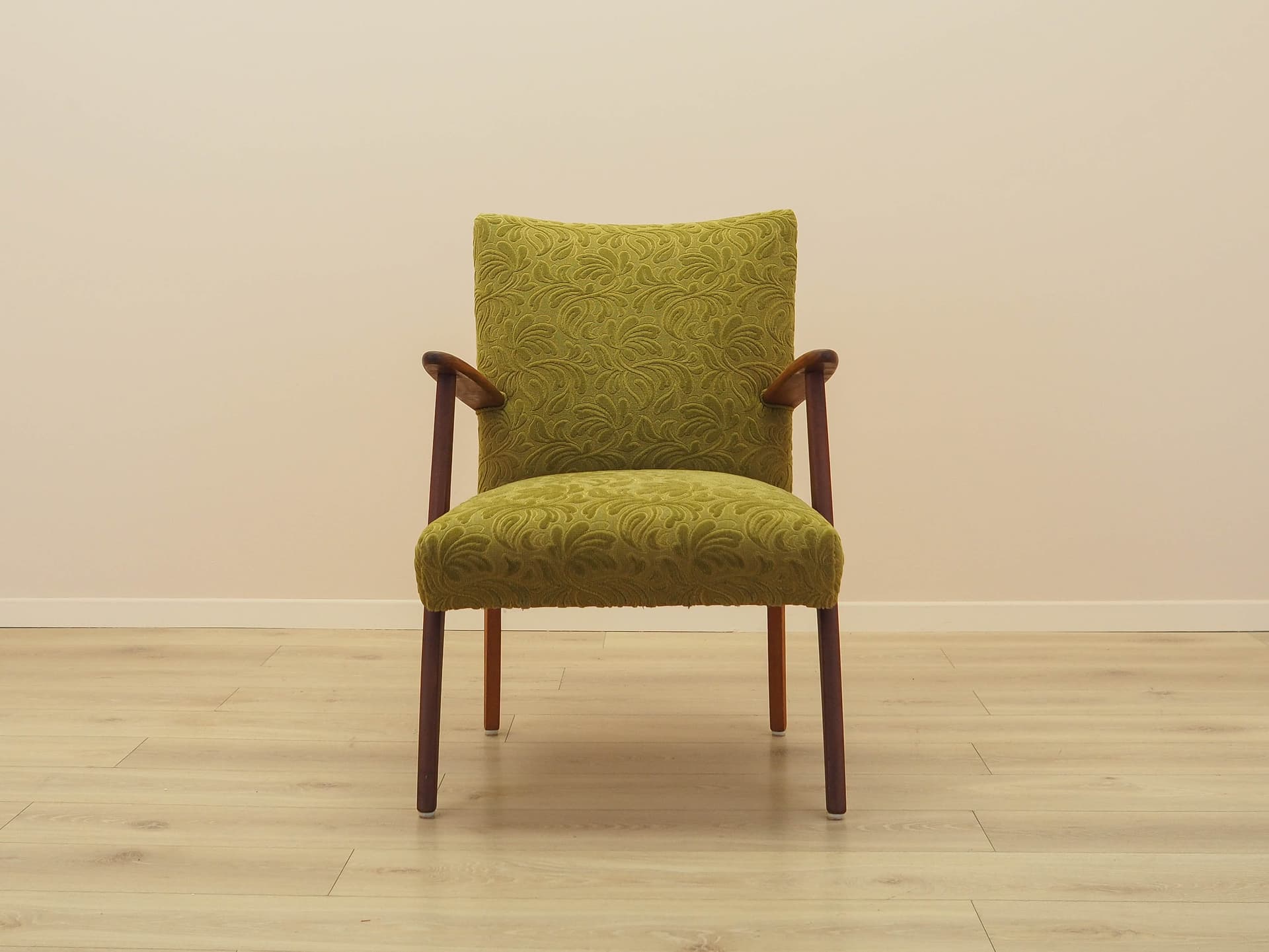 Fotel, oliwkowa zieleń, tkanina, teak, Dania, lata 60. - 308775