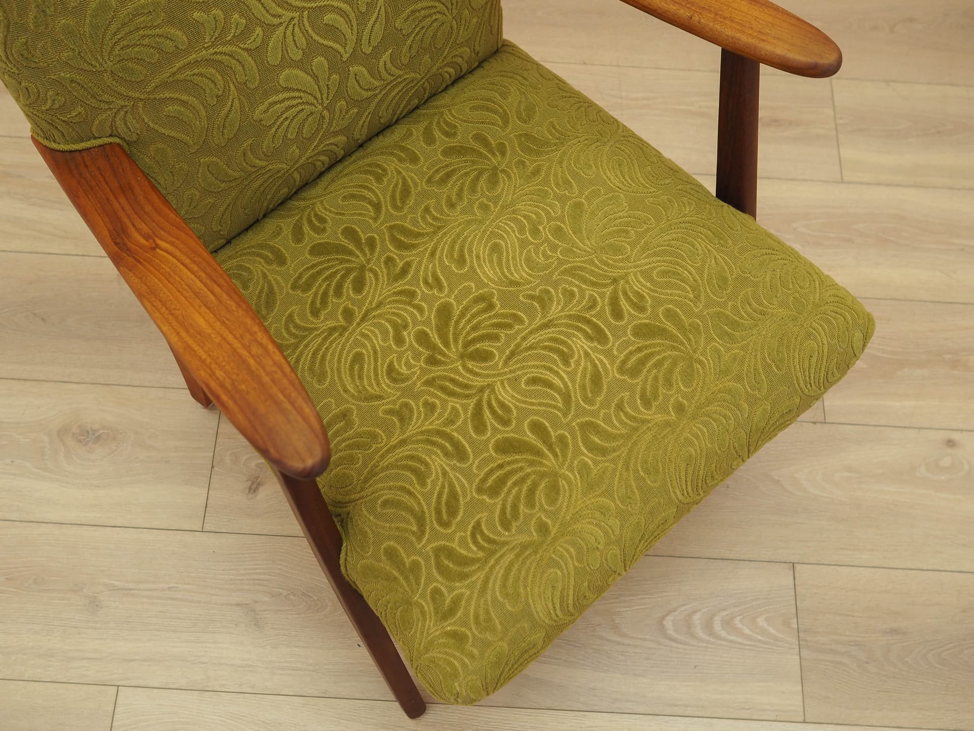 Fotel, oliwkowa zieleń, tkanina, teak, Dania, lata 60. - 308787