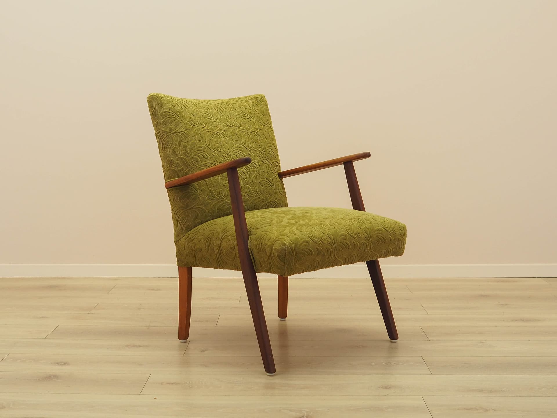 Fotel, oliwkowa zieleń, tkanina, teak, Dania, lata 60. - 308781
