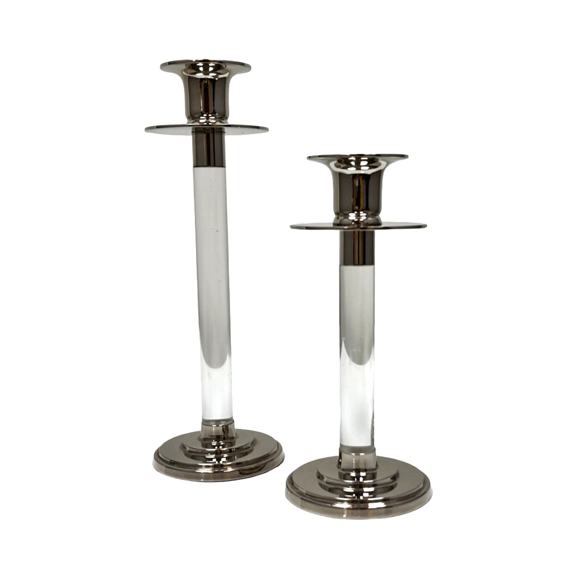 Pair of candlesticks, silver transparent, silver-plated metal acrylic glass, by E. Ericson, Svenskt Tenn, Sweden, 1960s. - 308836