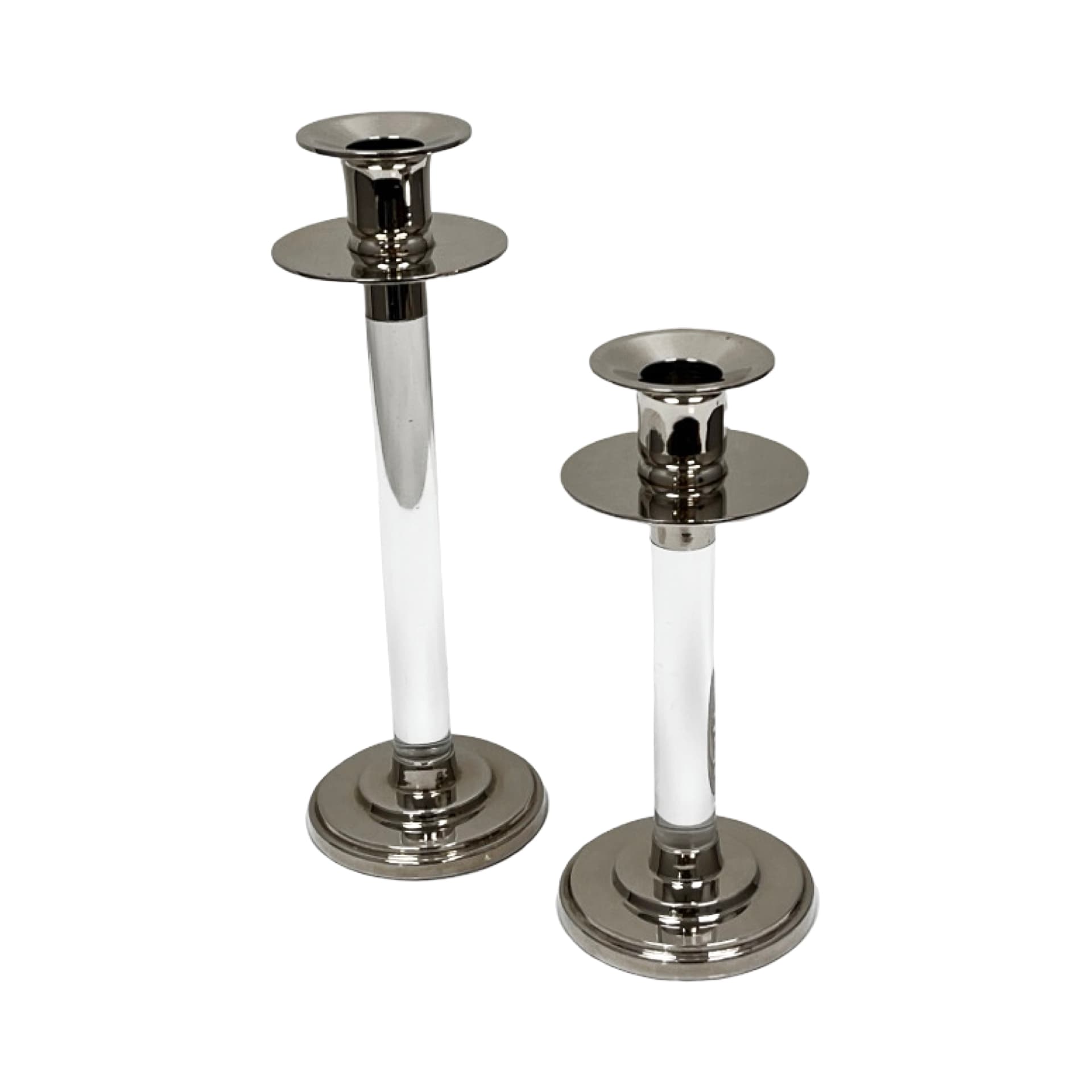 Pair of candlesticks, silver transparent, silver-plated metal acrylic glass, by E. Ericson, Svenskt Tenn, Sweden, 1960s. - 308837