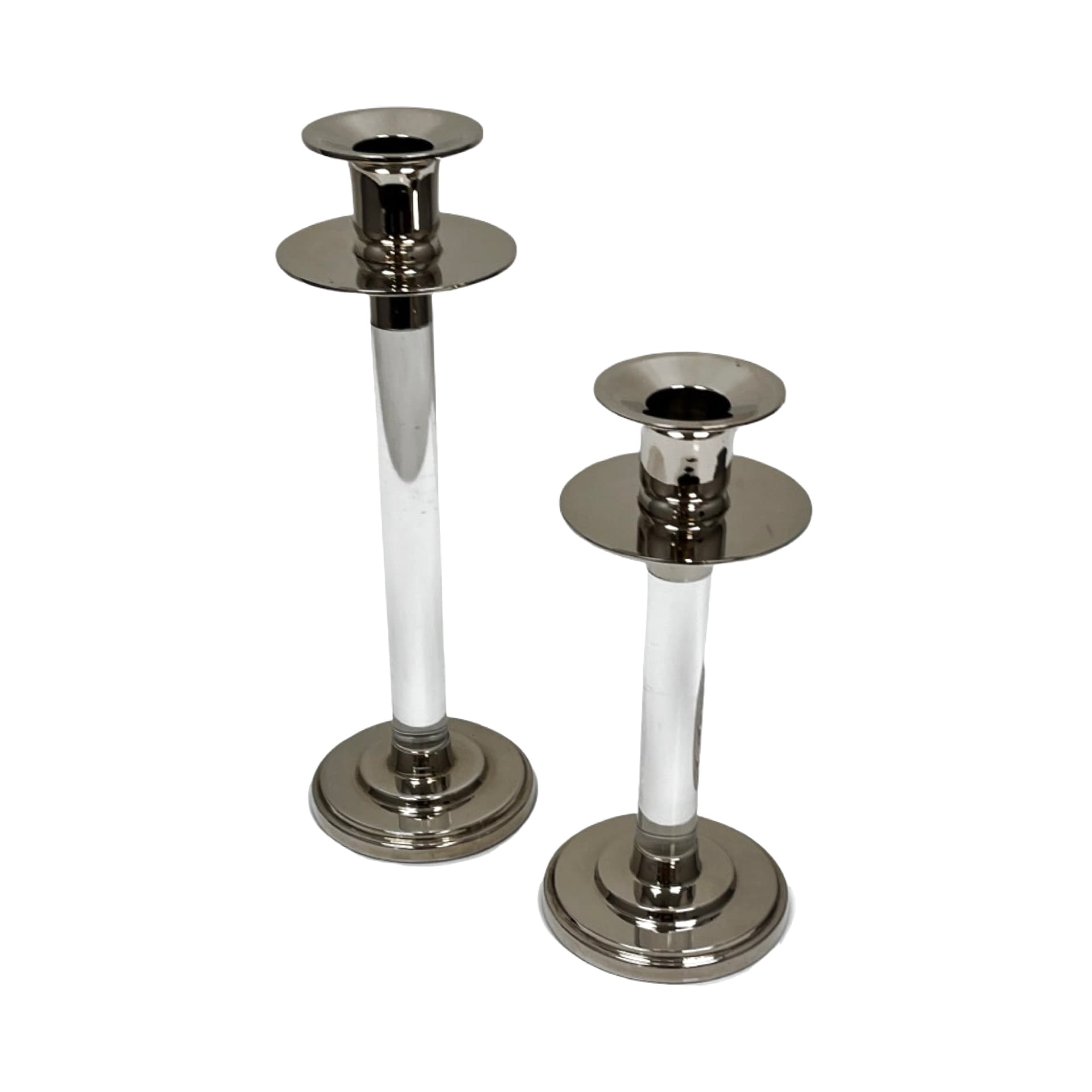 Pair of candlesticks, silver transparent, silver-plated metal acrylic glass, by E. Ericson, Svenskt Tenn, Sweden, 1960s. - 308840