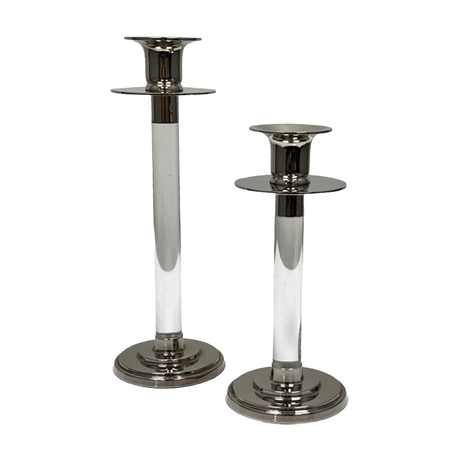 Pair of candlesticks, silver transparent, silver-plated metal acrylic glass, by E. Ericson, Svenskt Tenn, Sweden, 1960s.