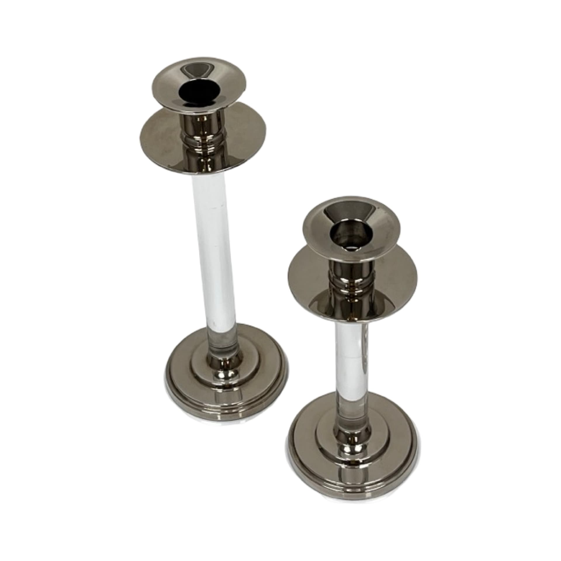 Pair of candlesticks, silver transparent, silver-plated metal acrylic glass, by E. Ericson, Svenskt Tenn, Sweden, 1960s. - 308835