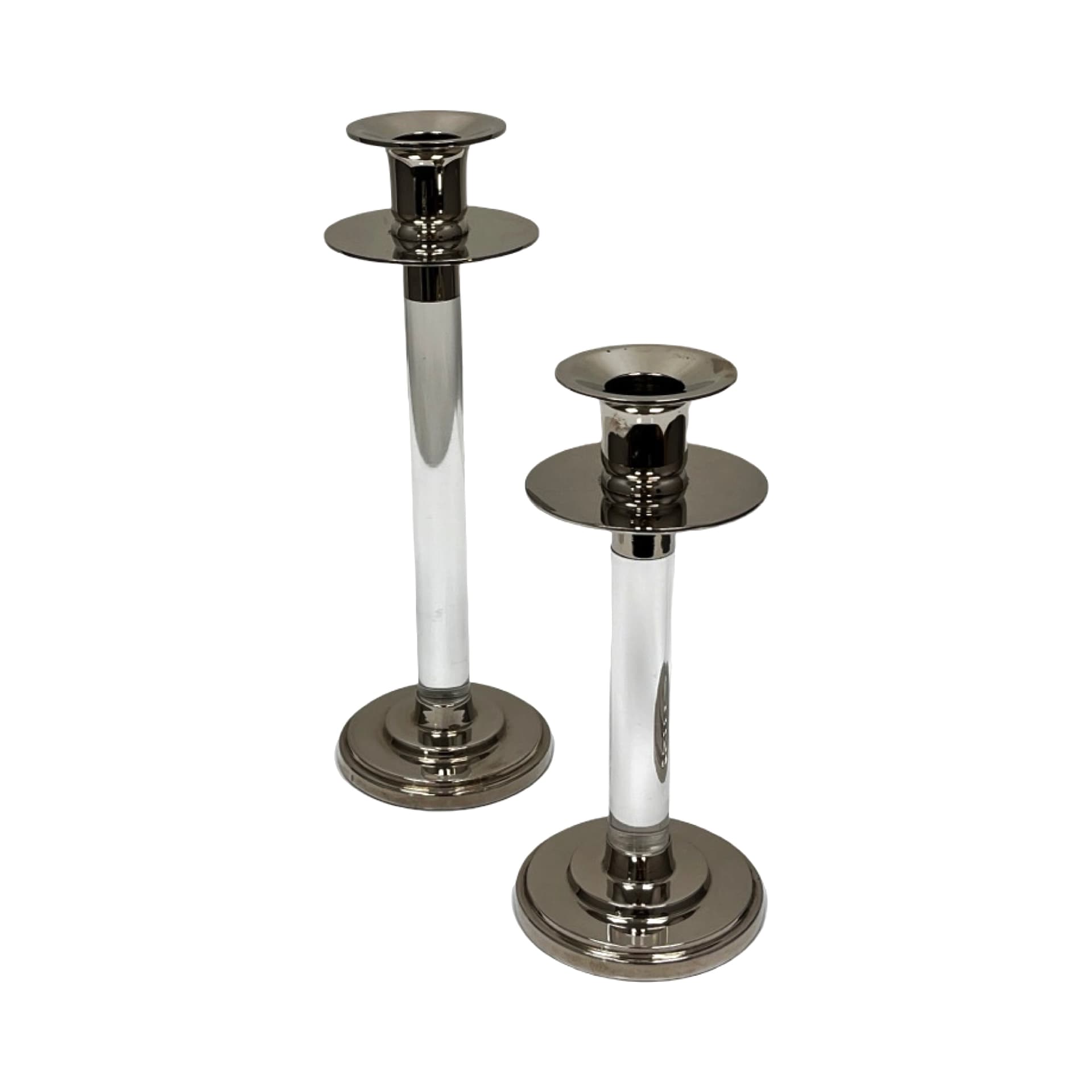 Pair of candlesticks, silver transparent, silver-plated metal acrylic glass, by E. Ericson, Svenskt Tenn, Sweden, 1960s. - 308841
