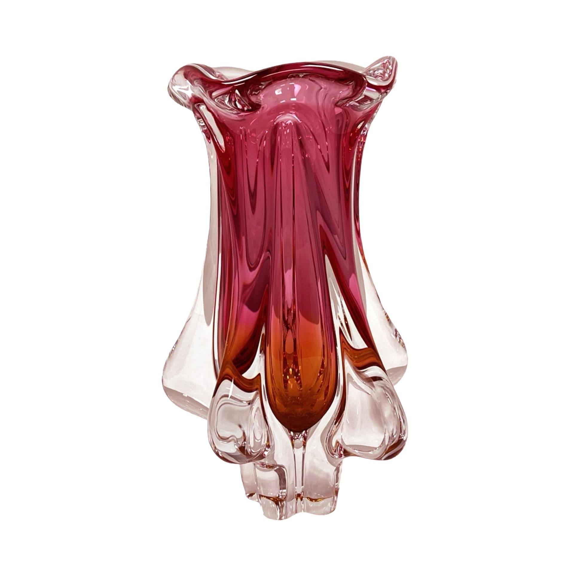 Vase Tulip, pink orange transparent, soda-lime glass, by J. Hospodka, Chřibská Sklárna, Czechoslovakia, 1970s.