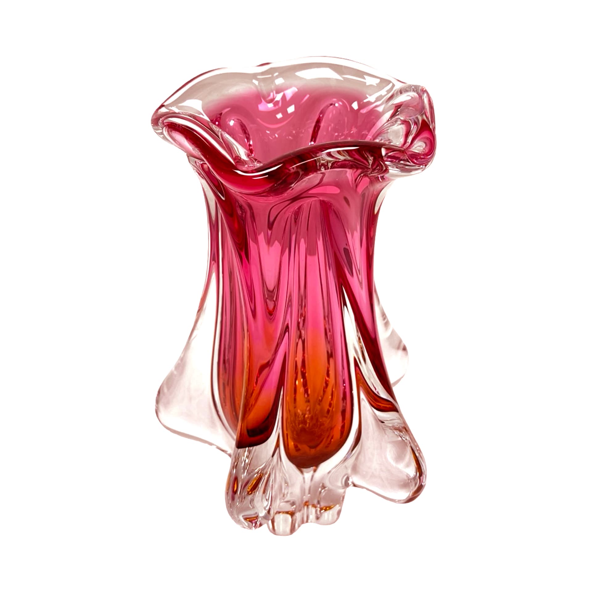 Vase Tulip, pink orange transparent, soda-lime glass, by J. Hospodka, Chřibská Sklárna, Czechoslovakia, 1970s. - 308880