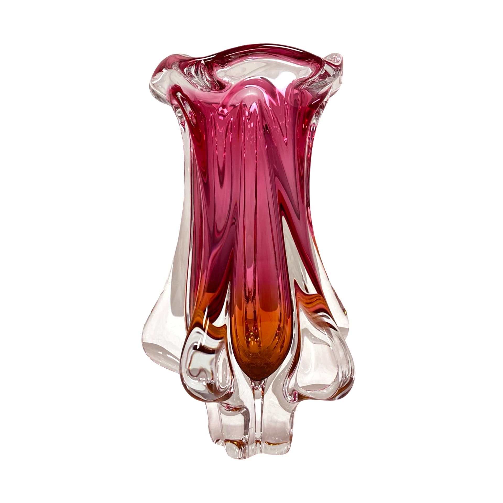 Vase Tulip, pink orange transparent, soda-lime glass, by J. Hospodka, Chřibská Sklárna, Czechoslovakia, 1970s. - 308881