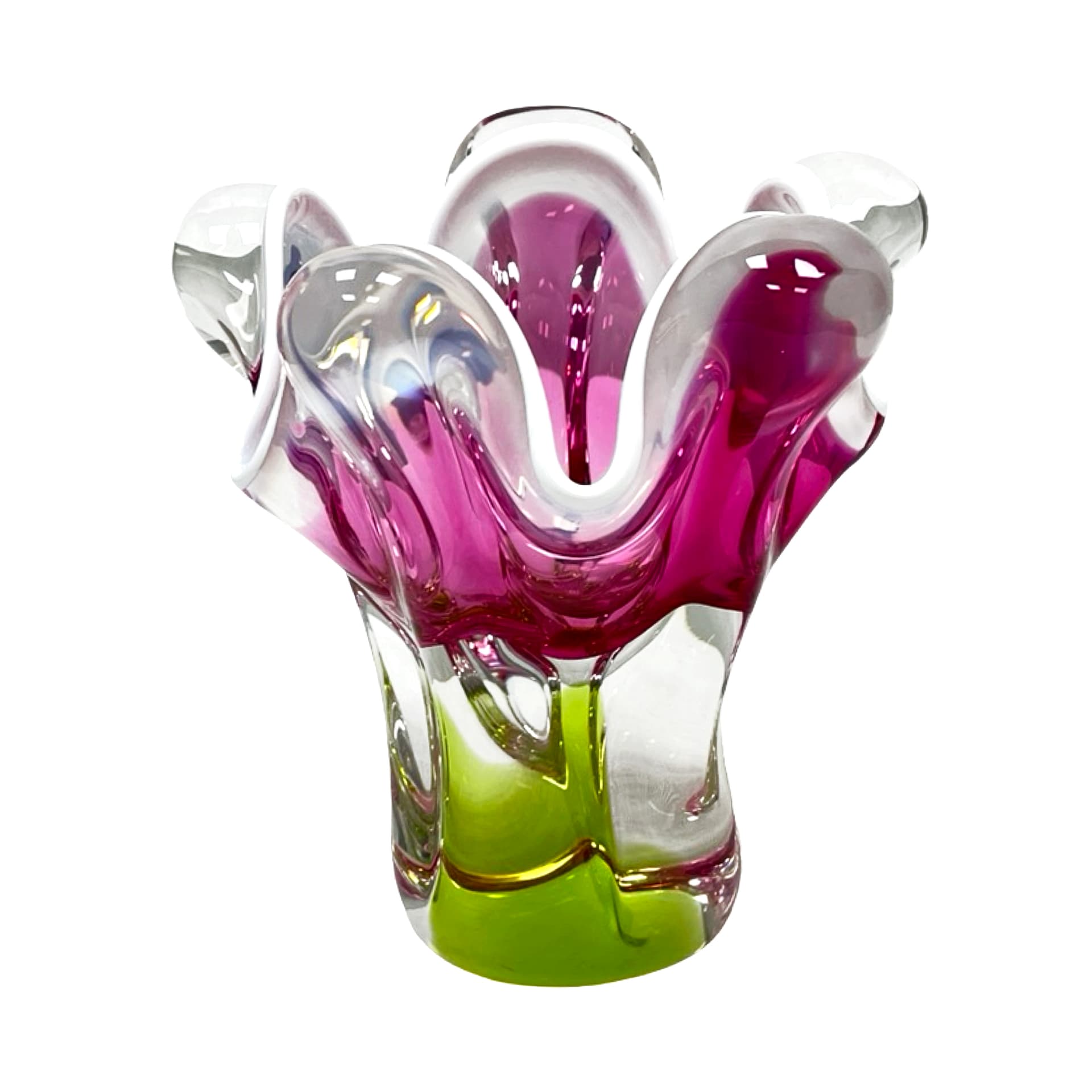 Vase Tulipan, pink green white transparent, glass, by J. Hospodka, Czechoslovakia, 1970s - 308898