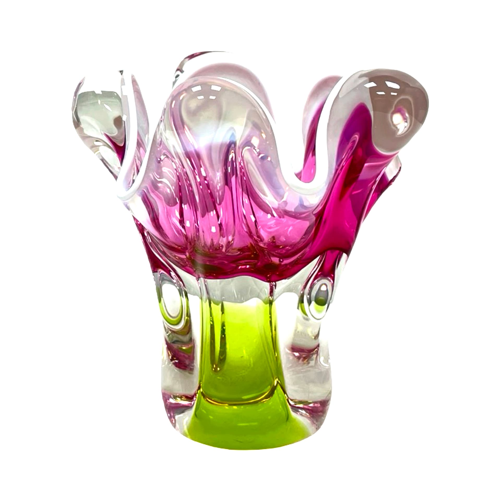 Vase Tulipan, pink green white transparent, glass, by J. Hospodka, Czechoslovakia, 1970s - 308895