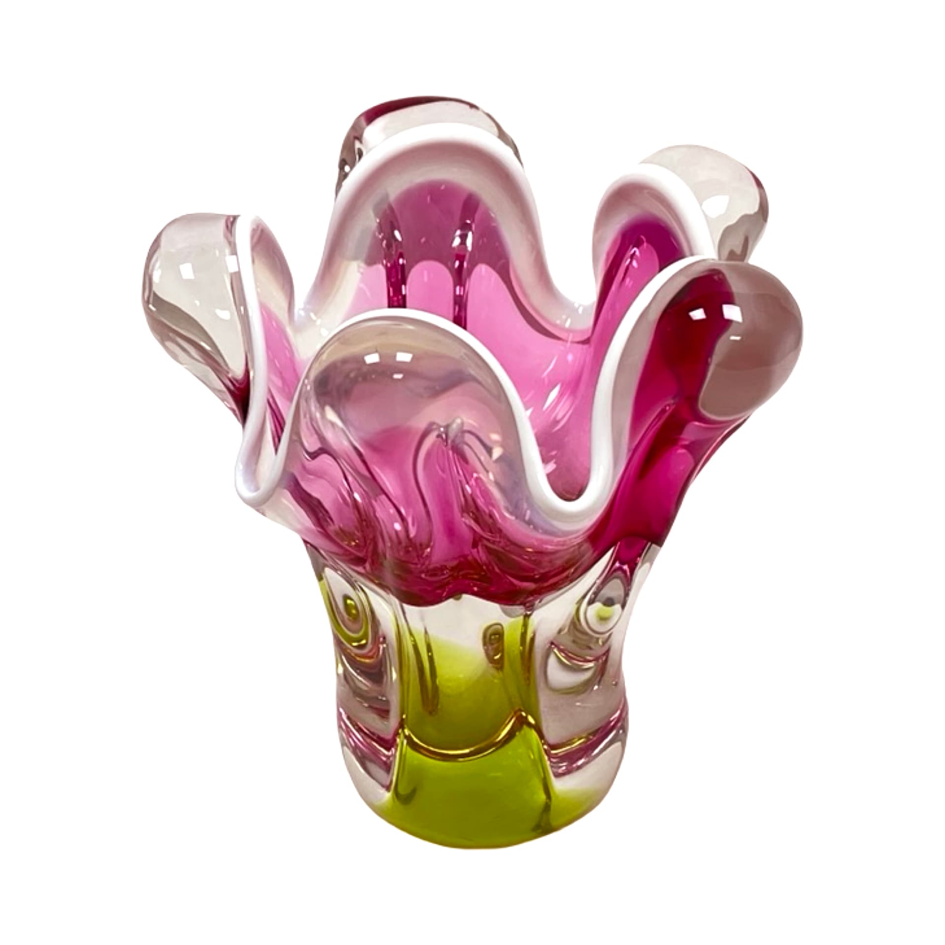 Vase Tulipan, pink green white transparent, glass, by J. Hospodka, Czechoslovakia, 1970s - 308899