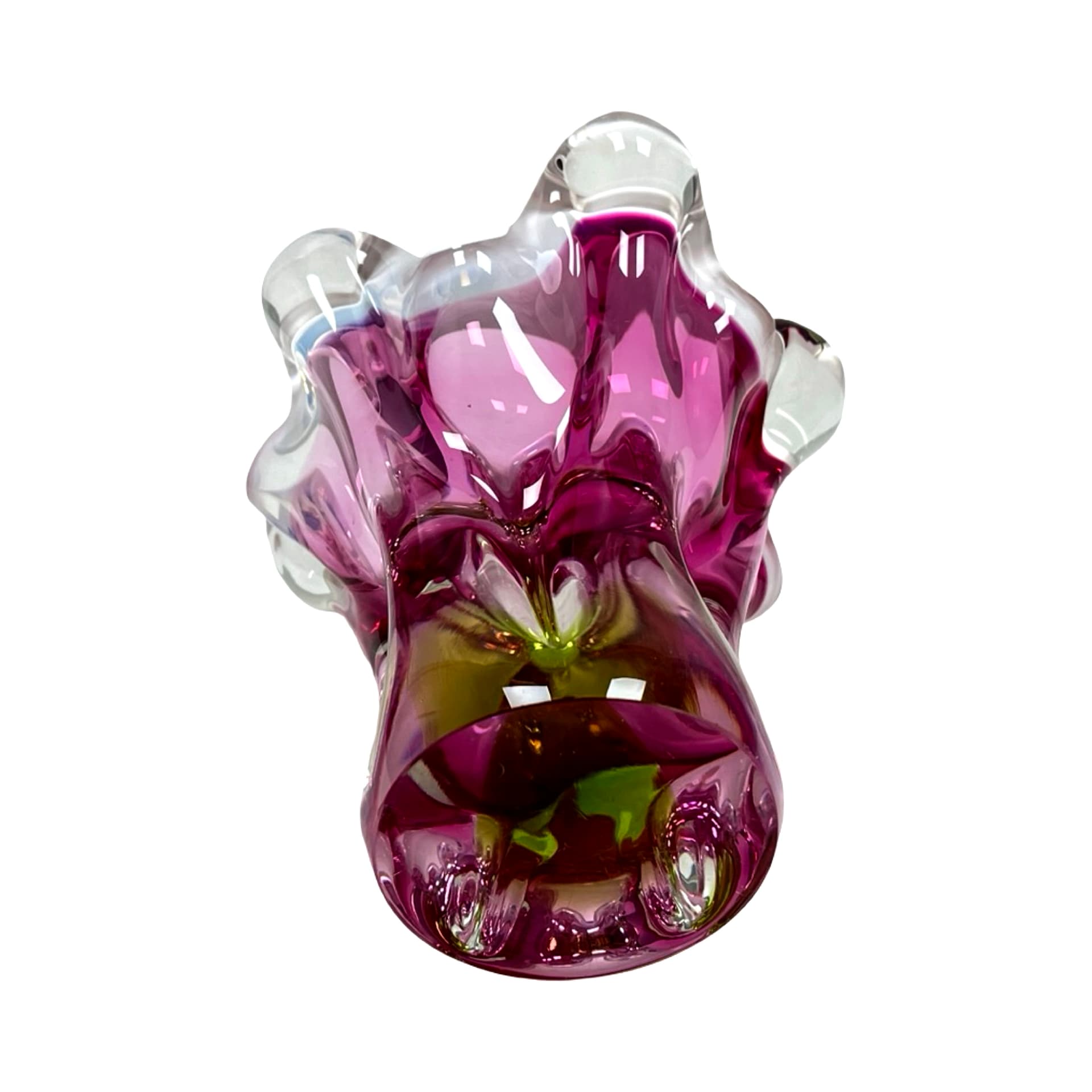 Vase Tulipan, pink green white transparent, glass, by J. Hospodka, Czechoslovakia, 1970s - 308894