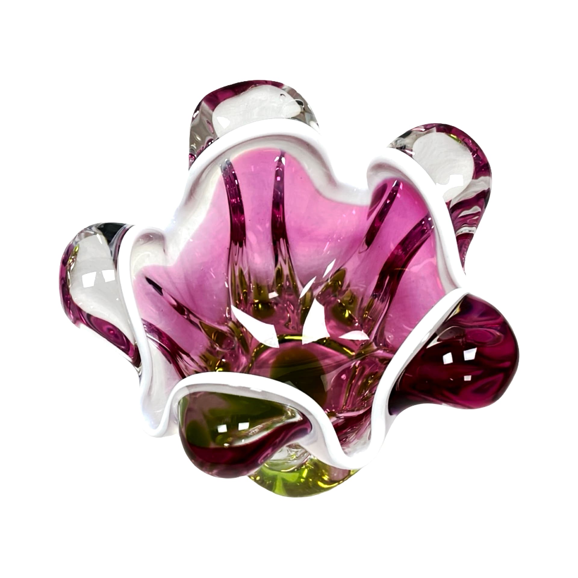 Vase Tulipan, pink green white transparent, glass, by J. Hospodka, Czechoslovakia, 1970s - 308896