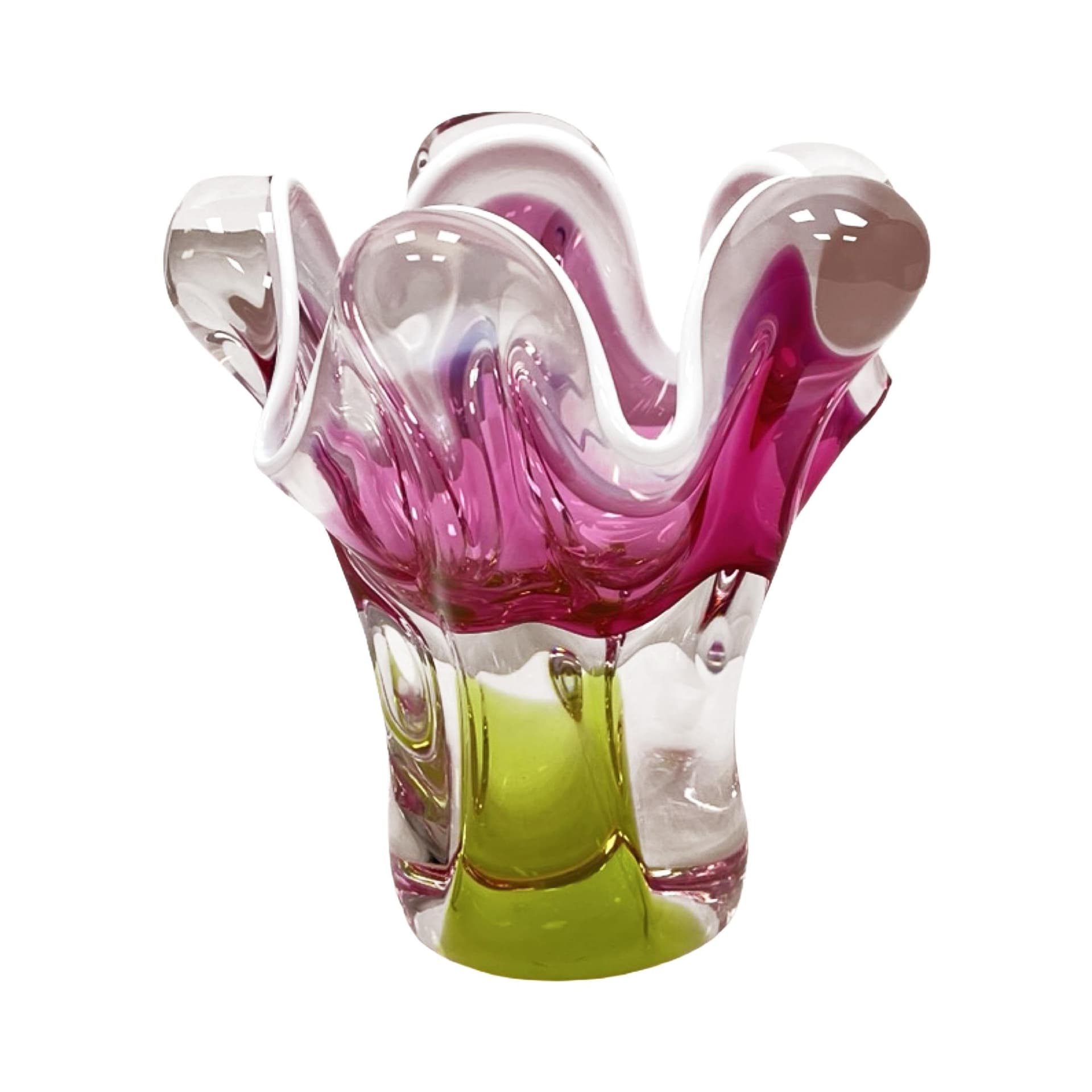 Vase Tulipan, pink green white transparent, glass, by J. Hospodka, Czechoslovakia, 1970s
