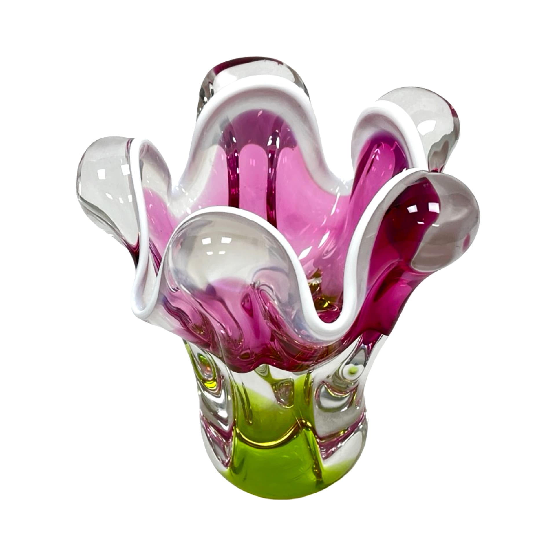 Vase Tulipan, pink green white transparent, glass, by J. Hospodka, Czechoslovakia, 1970s - 308897