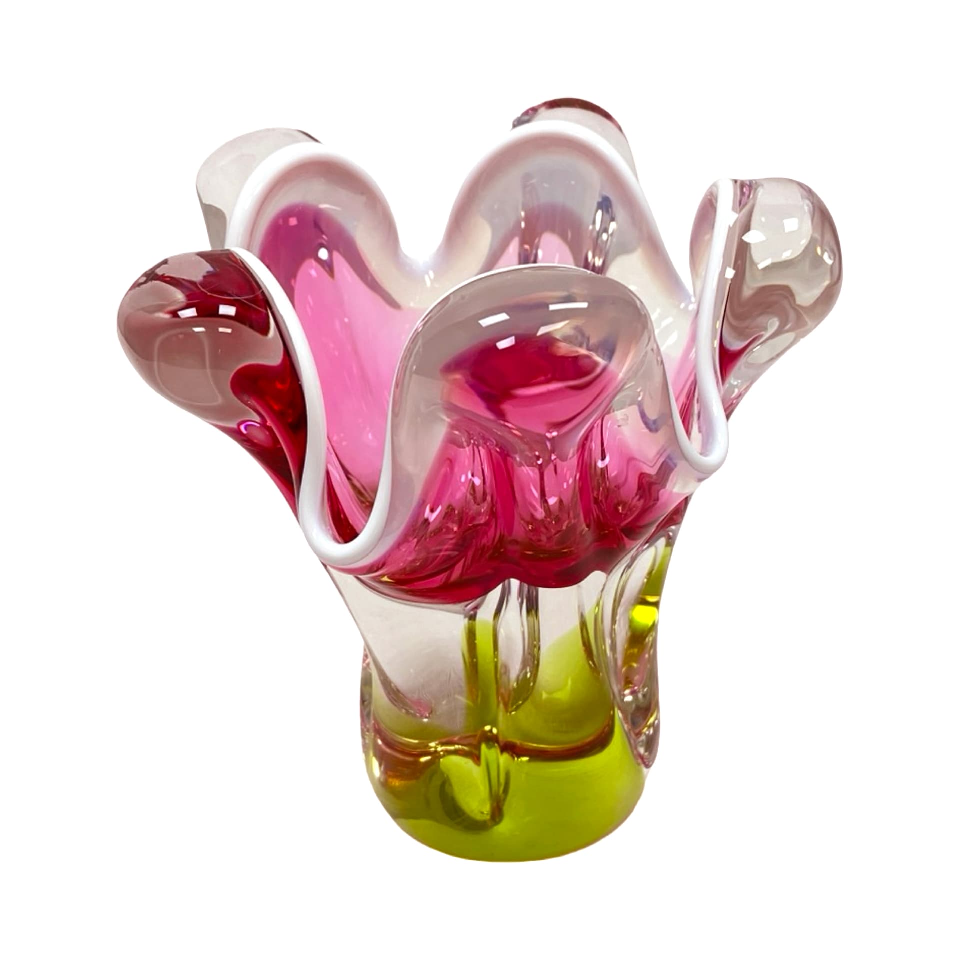 Vase Tulipan, pink green white transparent, glass, by J. Hospodka, Czechoslovakia, 1970s - 308891