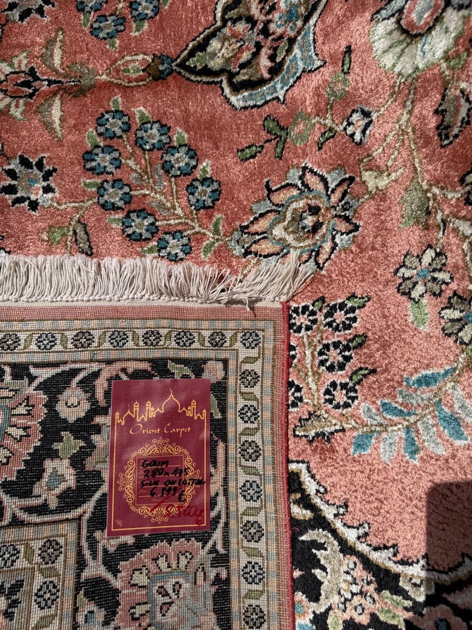 Rug Ghoum, 280x175 cm, pink silk, white cotton, India - 308932