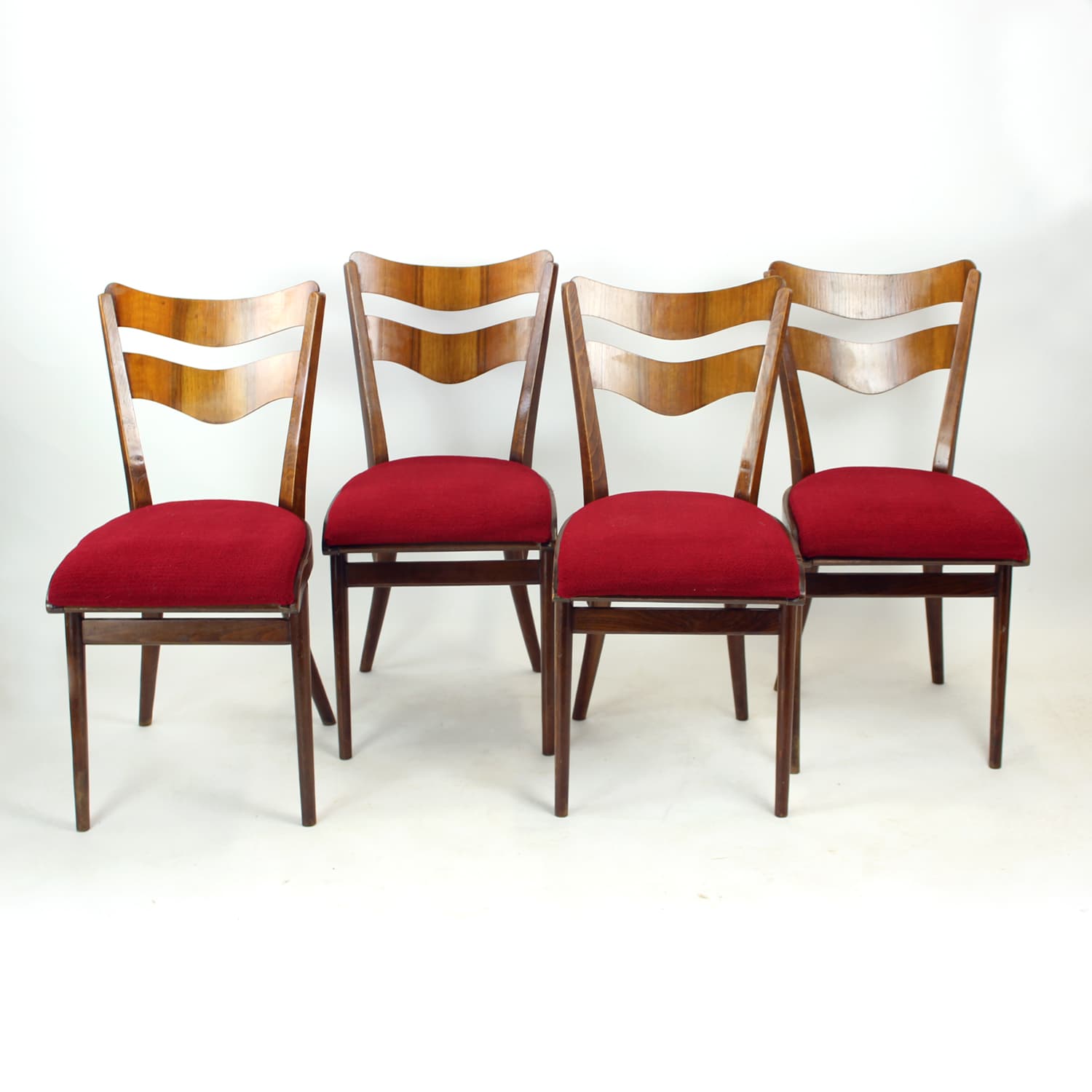 Set of four dining chairs, brown oak walnut, red fabric, Czechoslovakia, 1960s. - 308998