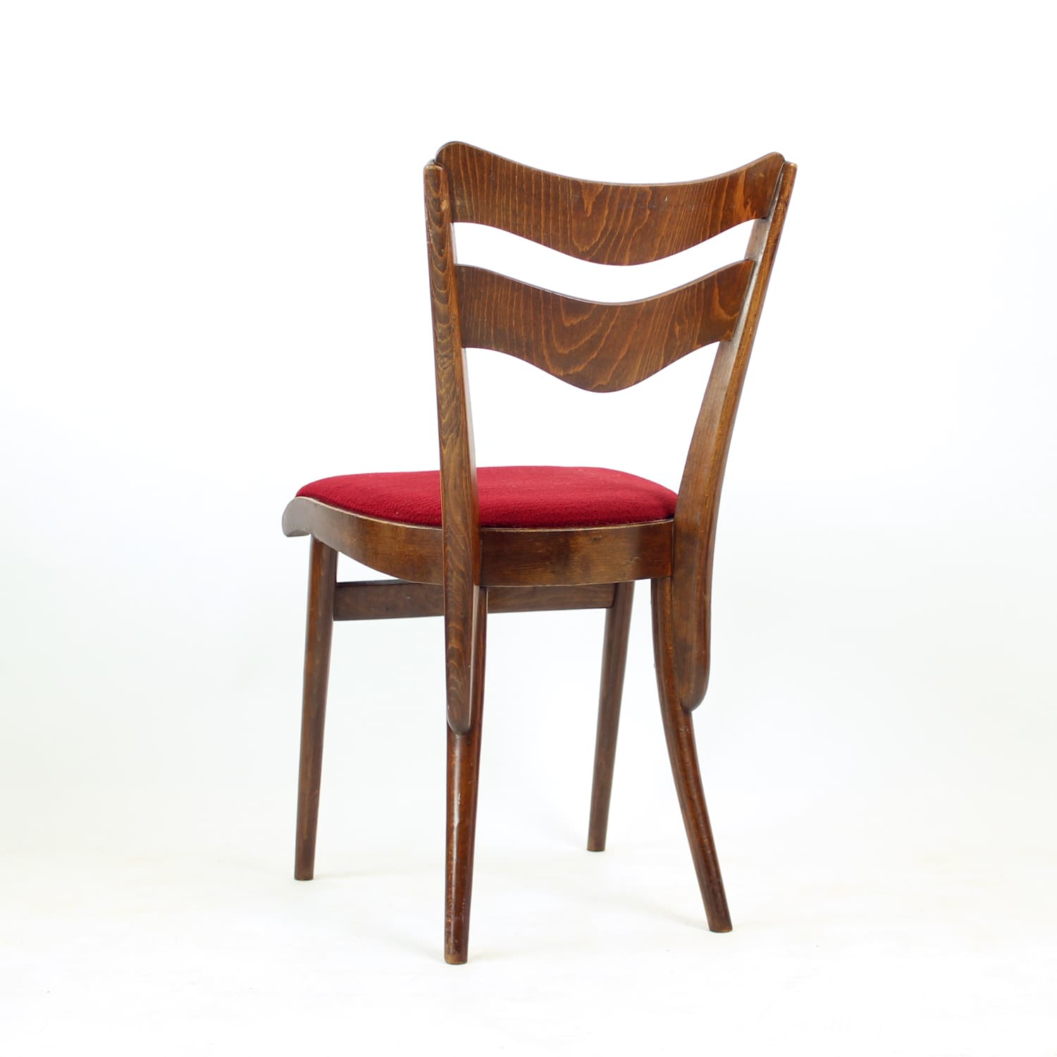 Set of four dining chairs, brown oak walnut, red fabric, Czechoslovakia, 1960s. - 308995