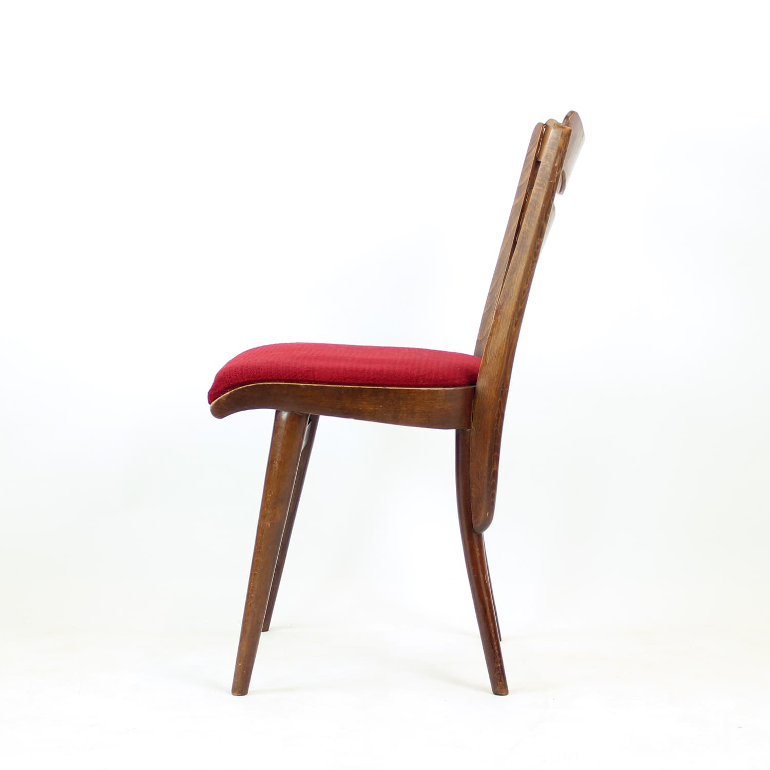 Set of four dining chairs, brown oak walnut, red fabric, Czechoslovakia, 1960s. - 309004