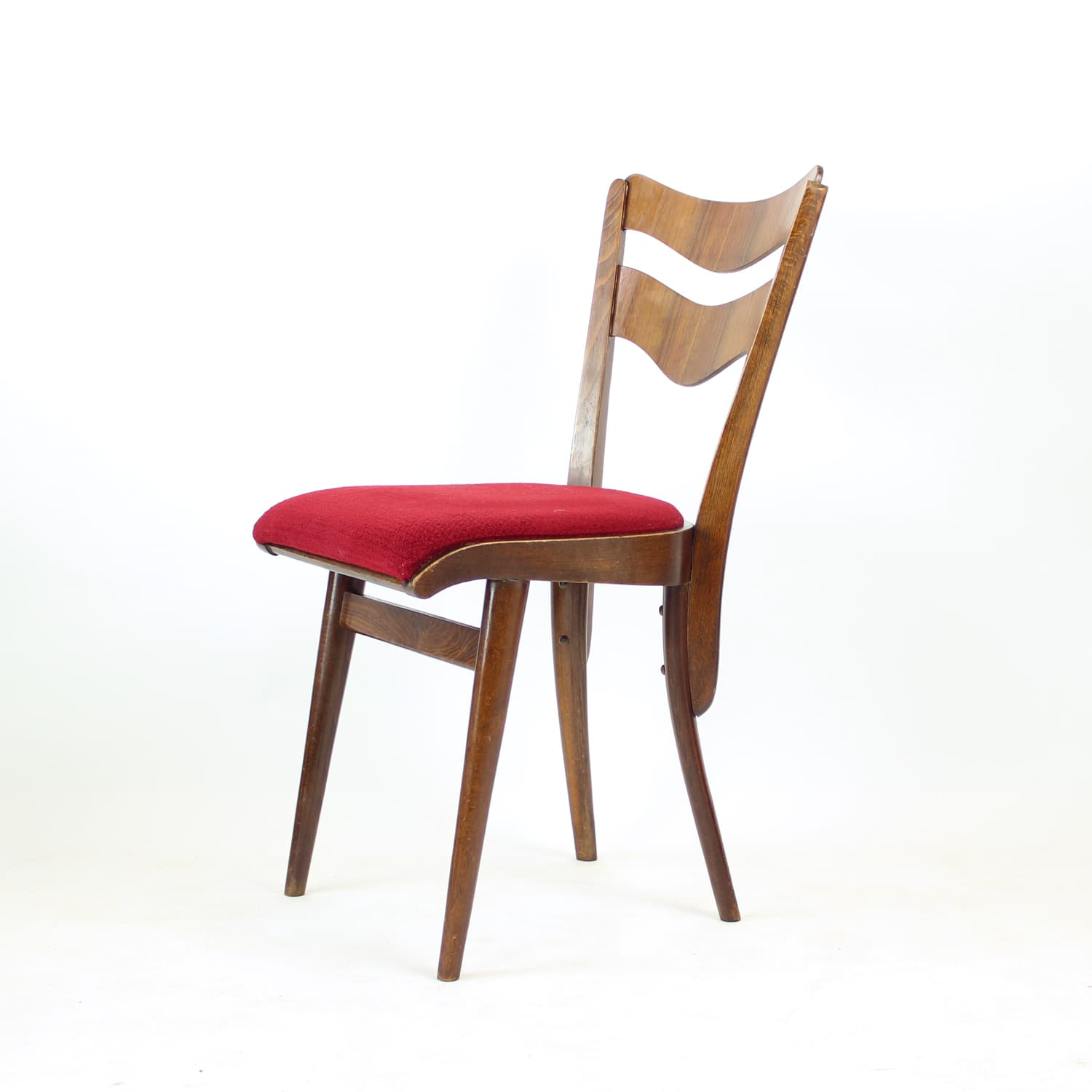 Set of four dining chairs, brown oak walnut, red fabric, Czechoslovakia, 1960s. - 308997
