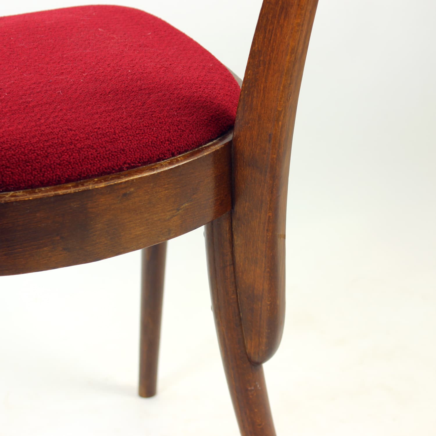 Set of four dining chairs, brown oak walnut, red fabric, Czechoslovakia, 1960s. - 309005