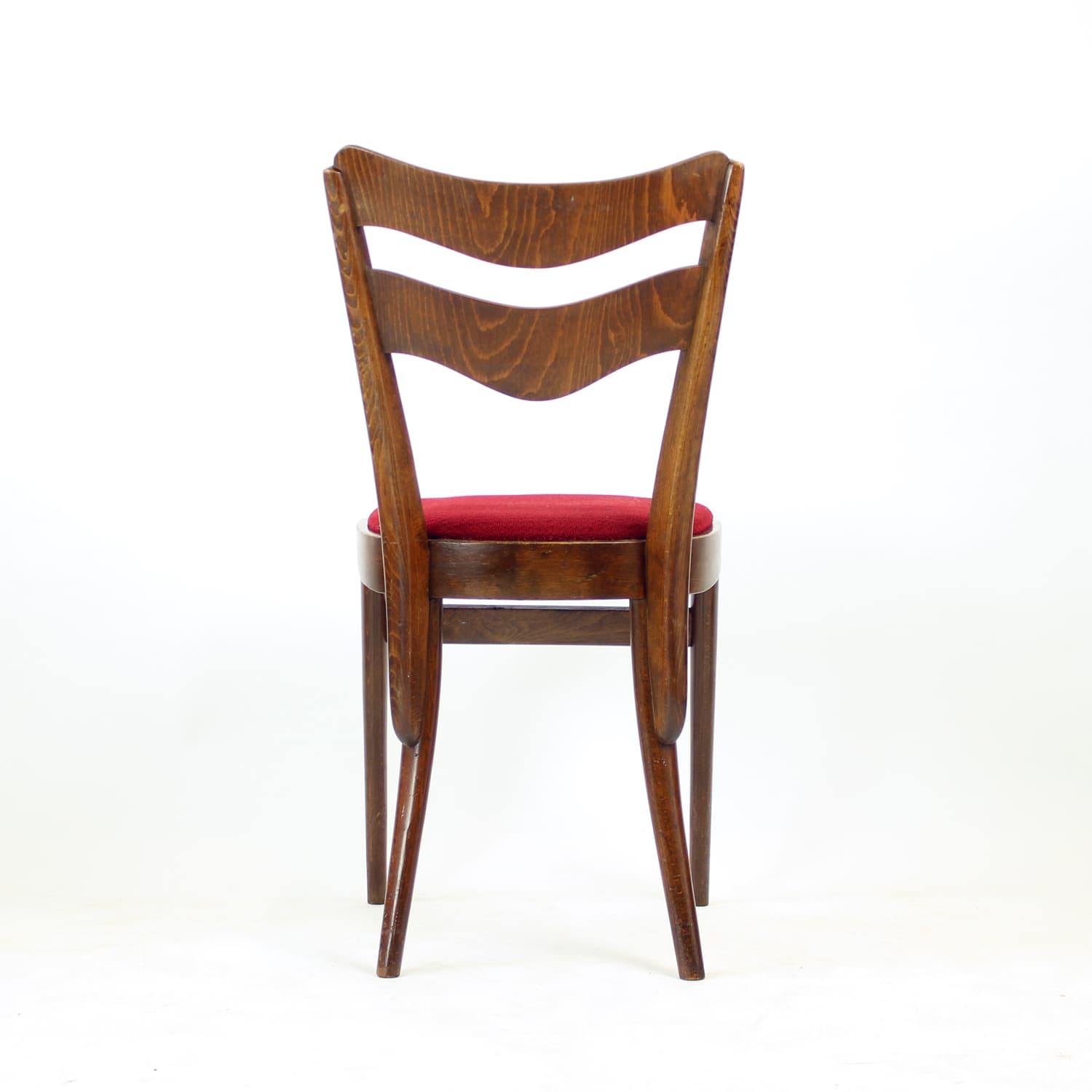 Set of four dining chairs, brown oak walnut, red fabric, Czechoslovakia, 1960s. - 308996