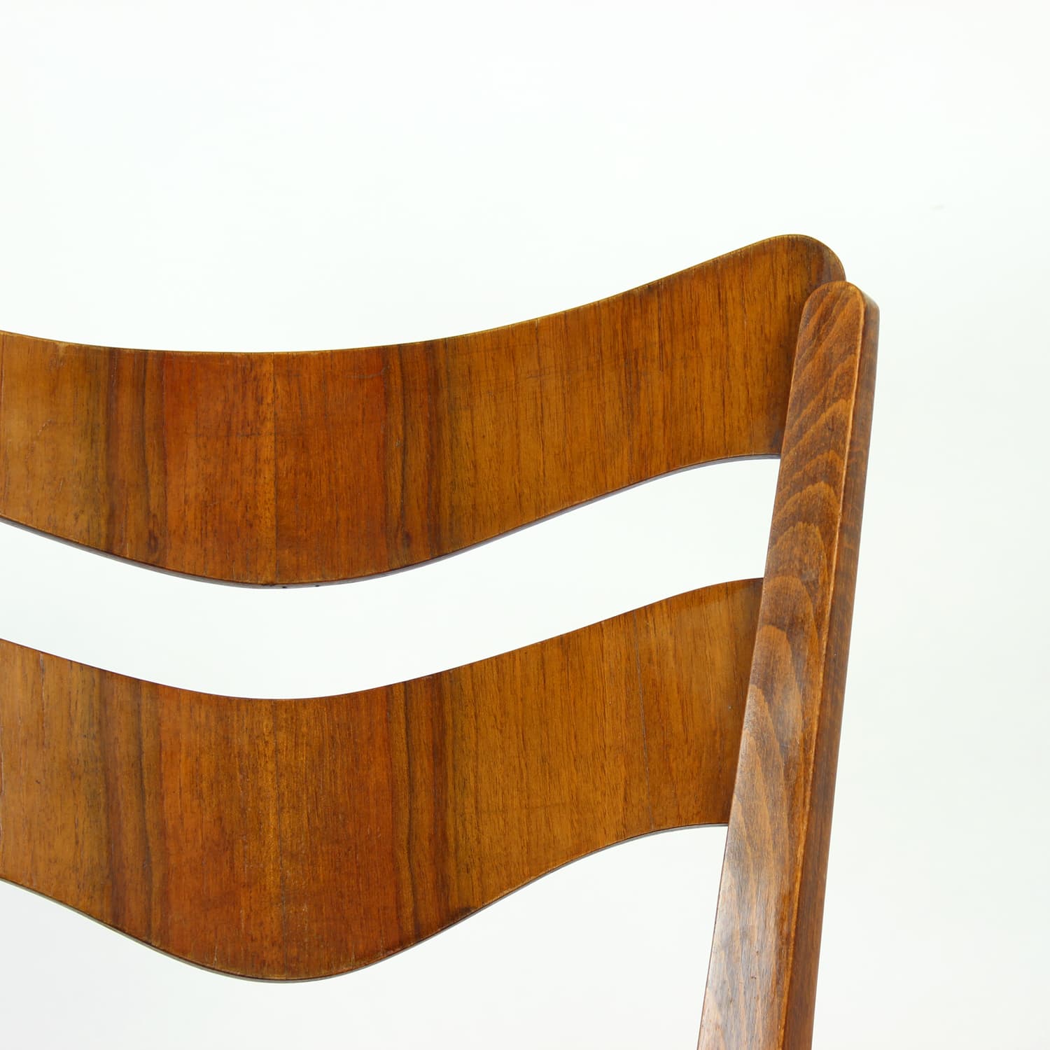 Set of four dining chairs, brown oak walnut, red fabric, Czechoslovakia, 1960s. - 309003
