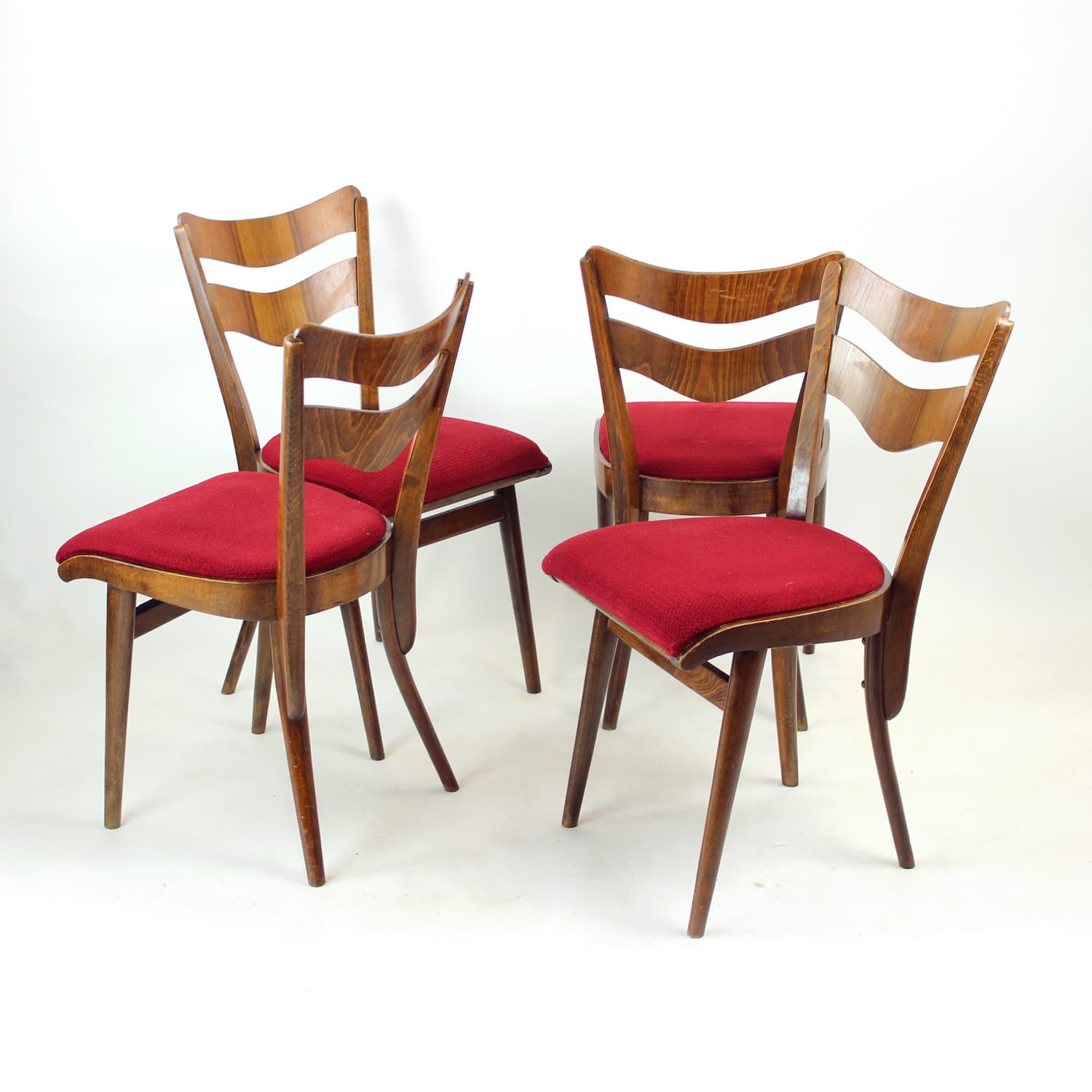 Set of four dining chairs, brown oak walnut, red fabric, Czechoslovakia, 1960s. - 309000