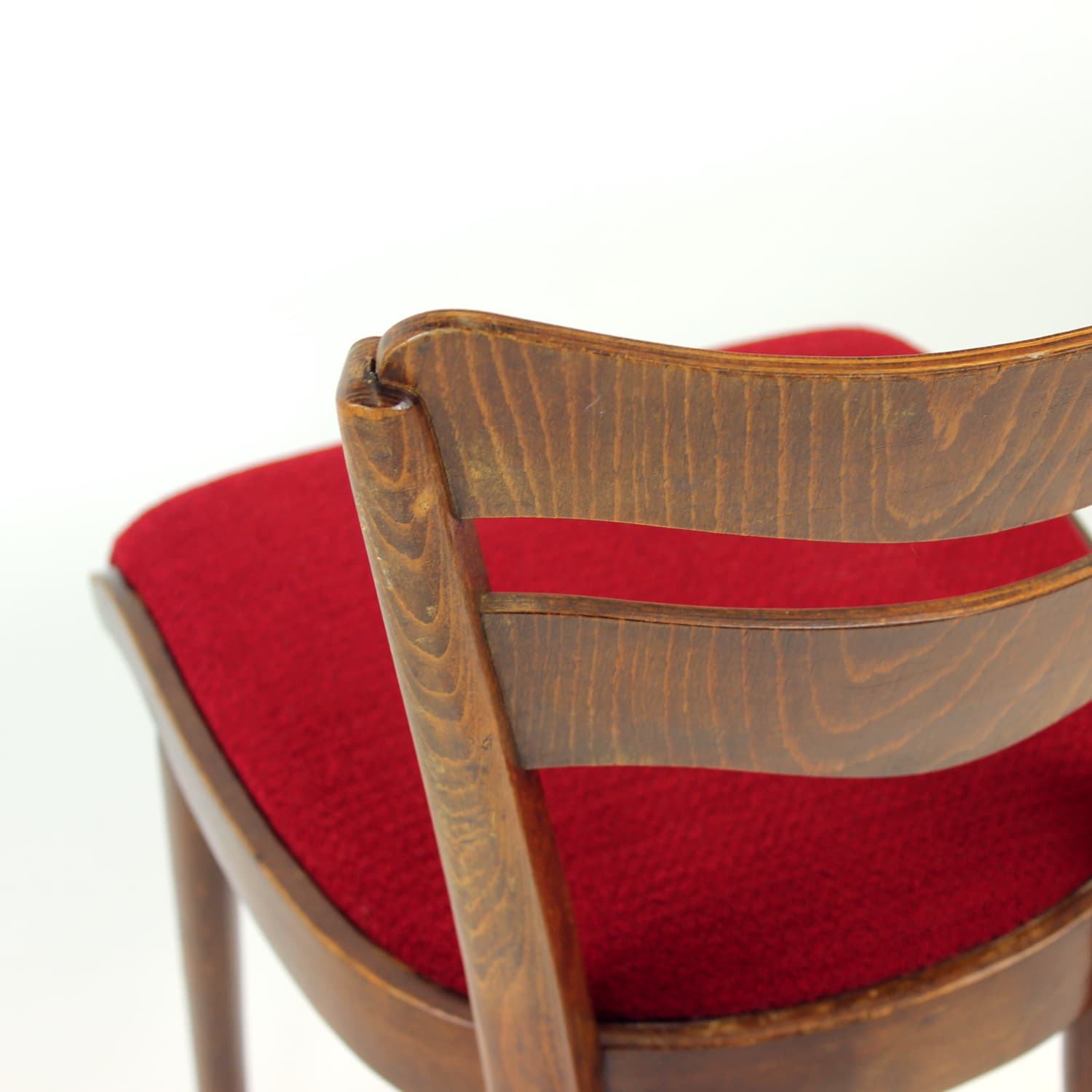 Set of four dining chairs, brown oak walnut, red fabric, Czechoslovakia, 1960s. - 309001