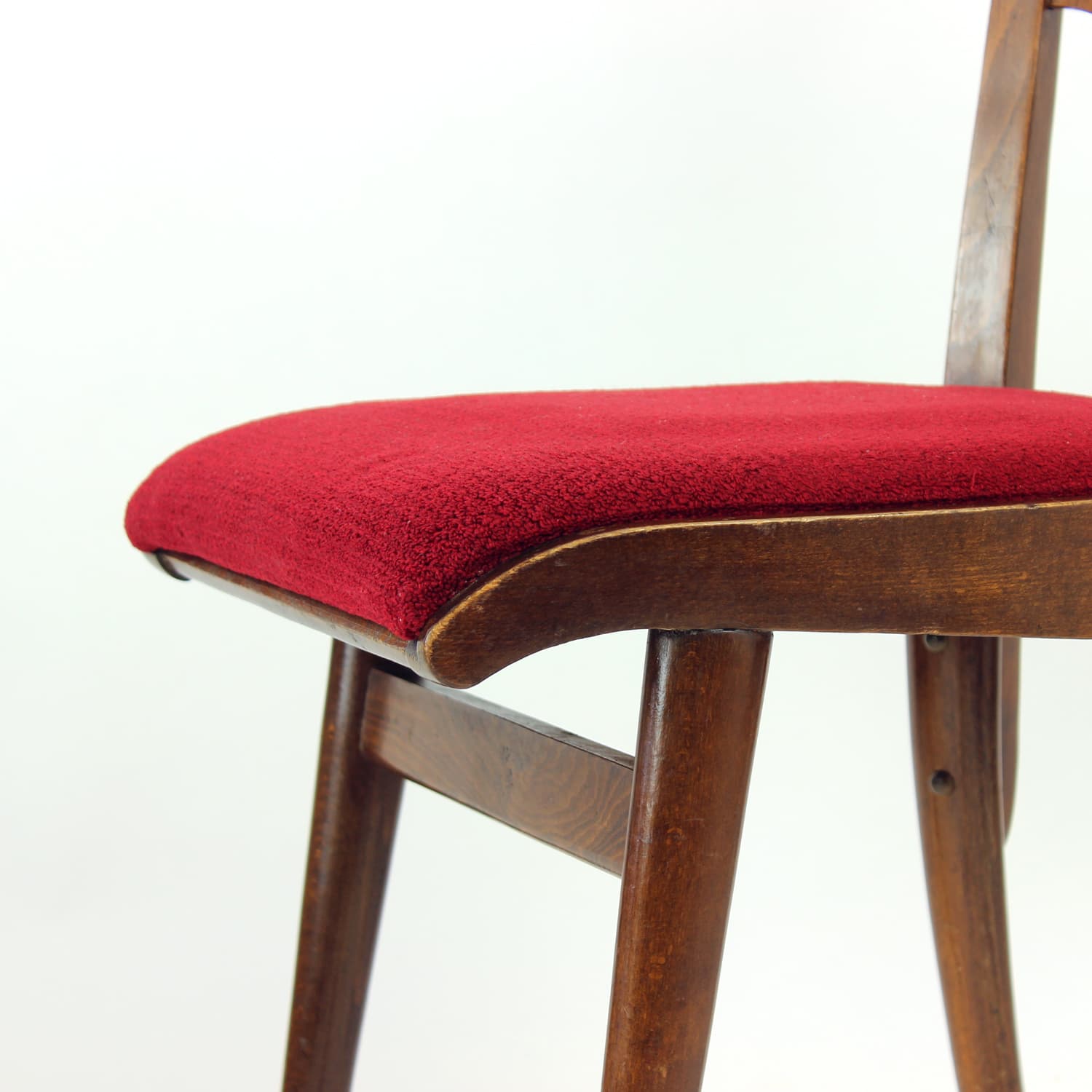 Set of four dining chairs, brown oak walnut, red fabric, Czechoslovakia, 1960s. - 308999