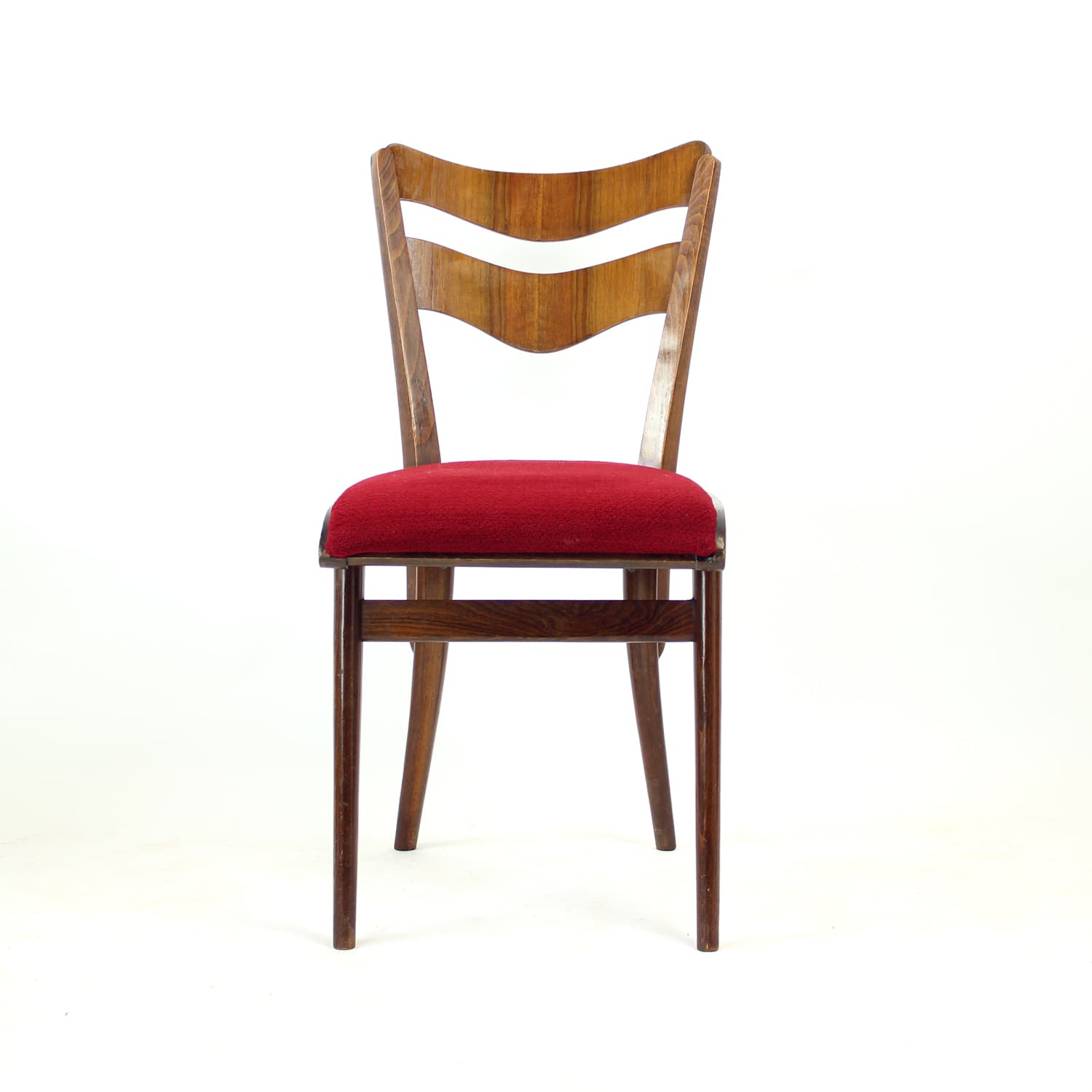 Set of four dining chairs, brown oak walnut, red fabric, Czechoslovakia, 1960s. - 308994