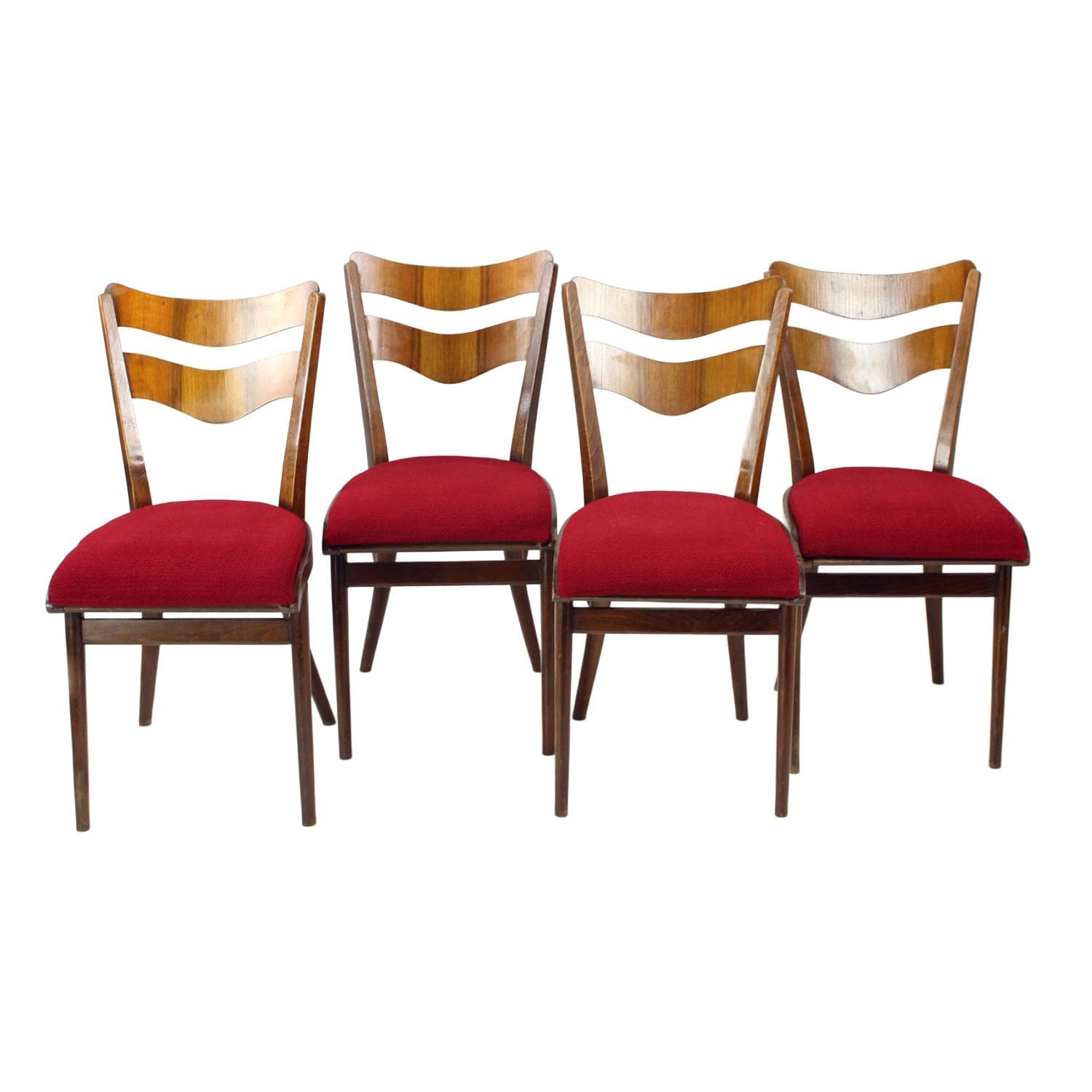 Set of four dining chairs, brown oak walnut, red fabric, Czechoslovakia, 1960s.