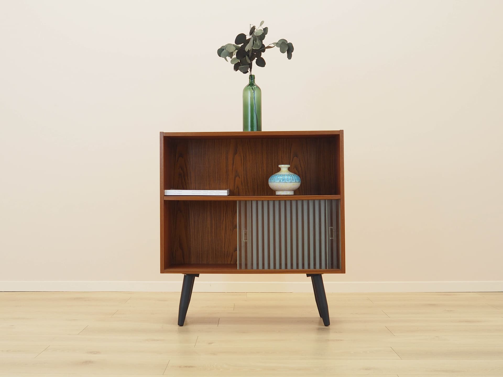 Bookcase, brown teak, black wood, transparent glass, Denmark, 1970s. - 309153