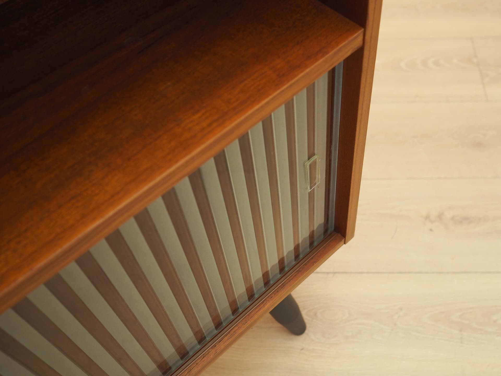 Bookcase, brown teak, black wood, transparent glass, Denmark, 1970s. - 309160