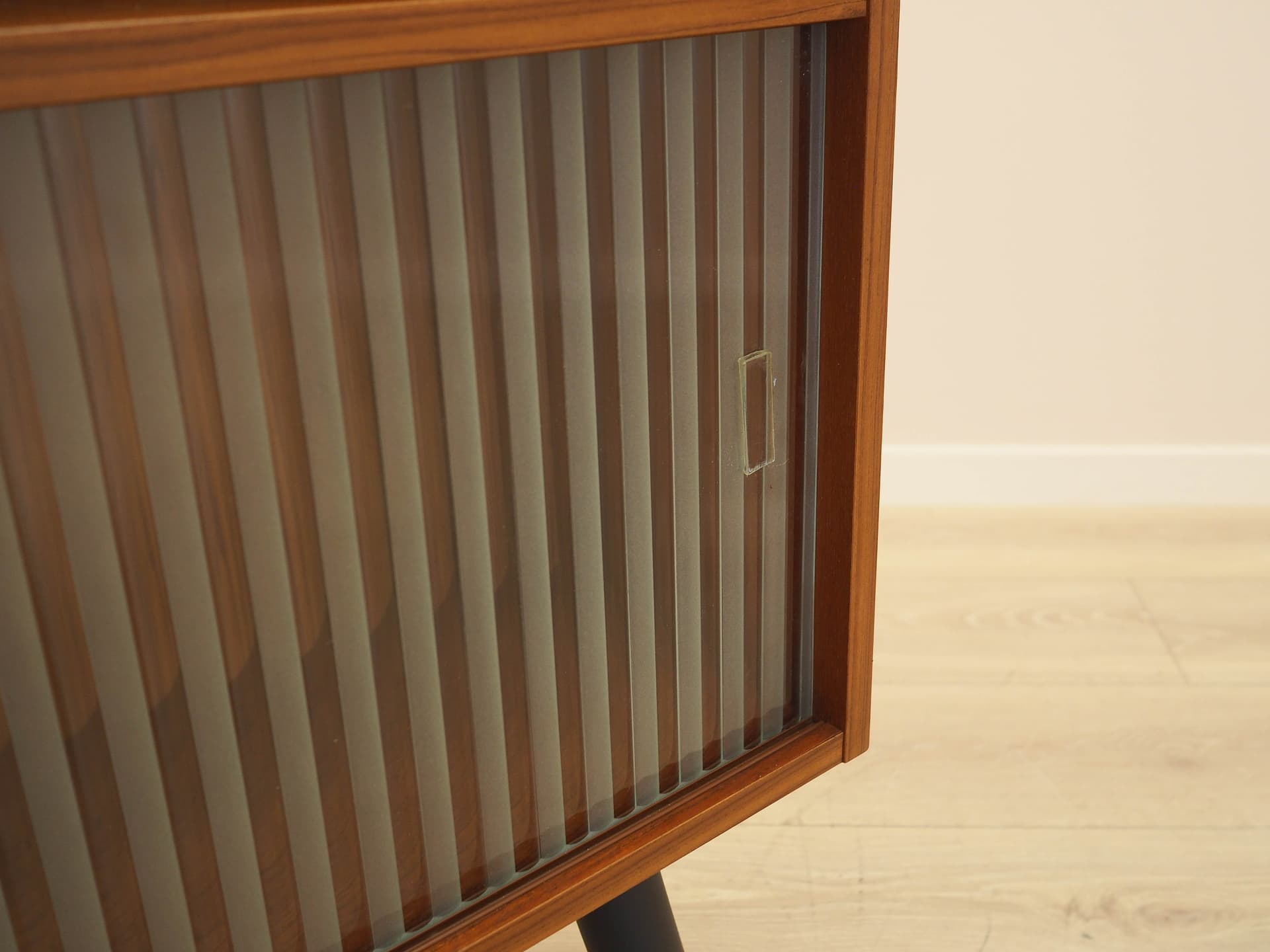 Bookcase, brown teak, black wood, transparent glass, Denmark, 1970s. - 309161