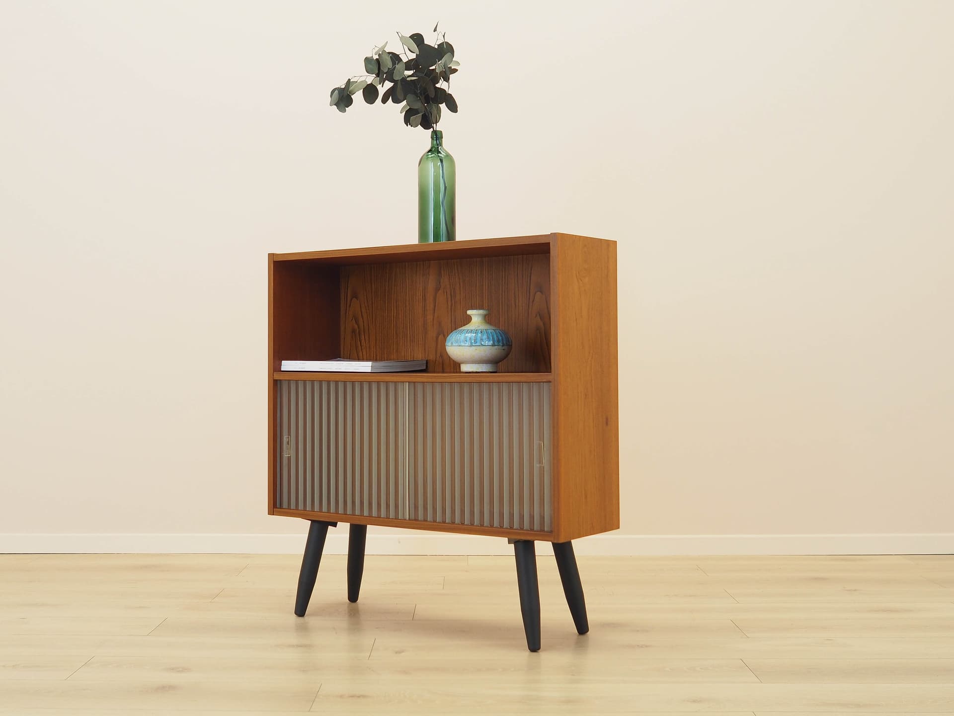 Bookcase, brown teak, black wood, transparent glass, Denmark, 1970s. - 309154